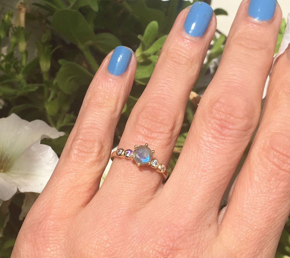 Round Labradorite Gemstone Ring with Clear Quartz Accents - H.L.Jewelry