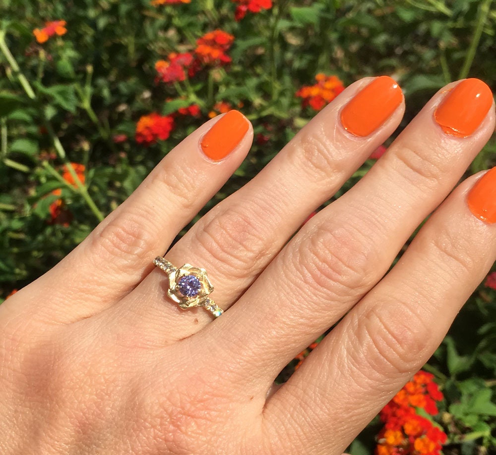 Round Lavender Amethyst Camellia Ring with Clear Quartz Accents - H.L.Jewelry