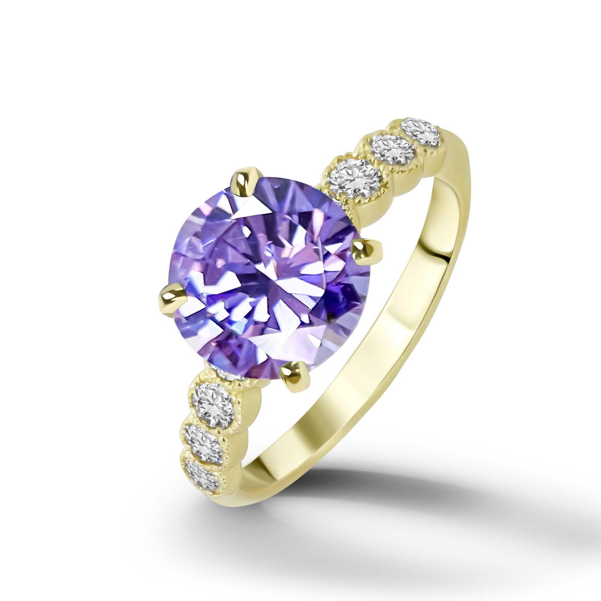 Round Lavender Amethyst Ring with Clear Quartz Accents - H.L.Jewelry