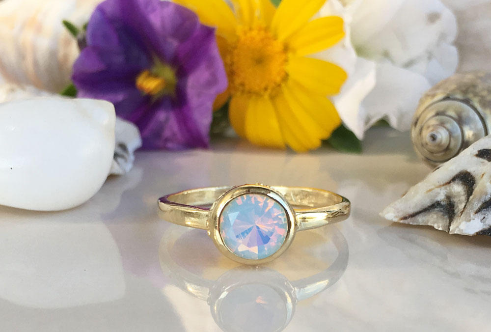 Round Opalite Gemstone Simple Bezel-Set Ring - H.L.Jewelry