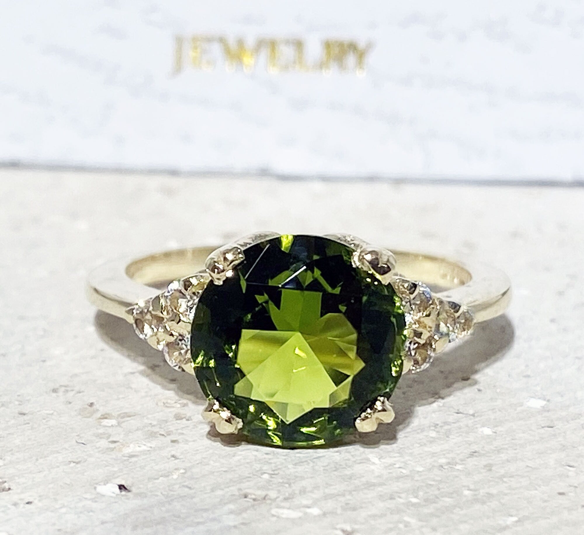 Round Peridot Engagement Ring with Clear Quartz Accents - H.L.Jewelry