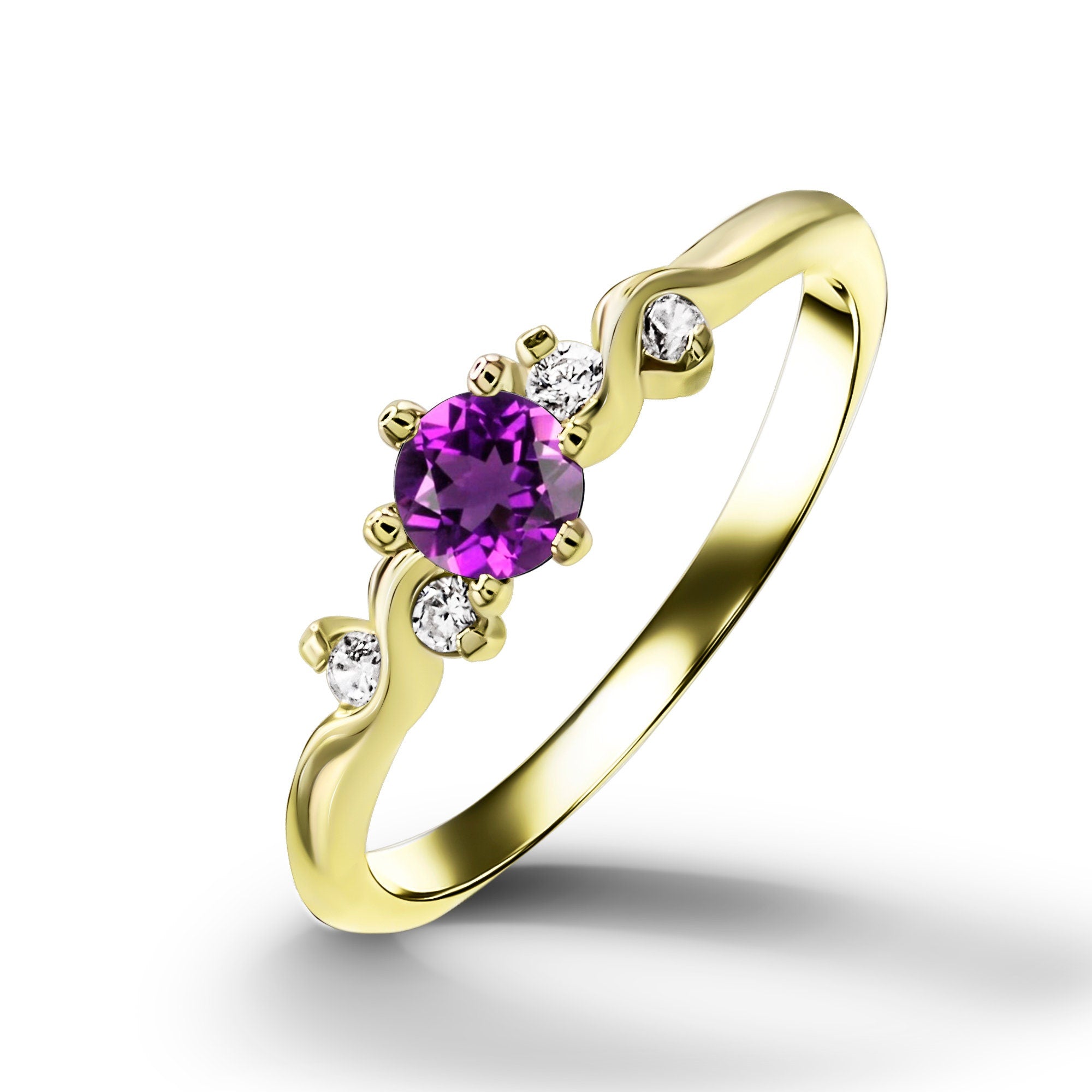 Round Purple Amethyst Delicate Ring with Clear Quartz Accents - H.L.Jewelry