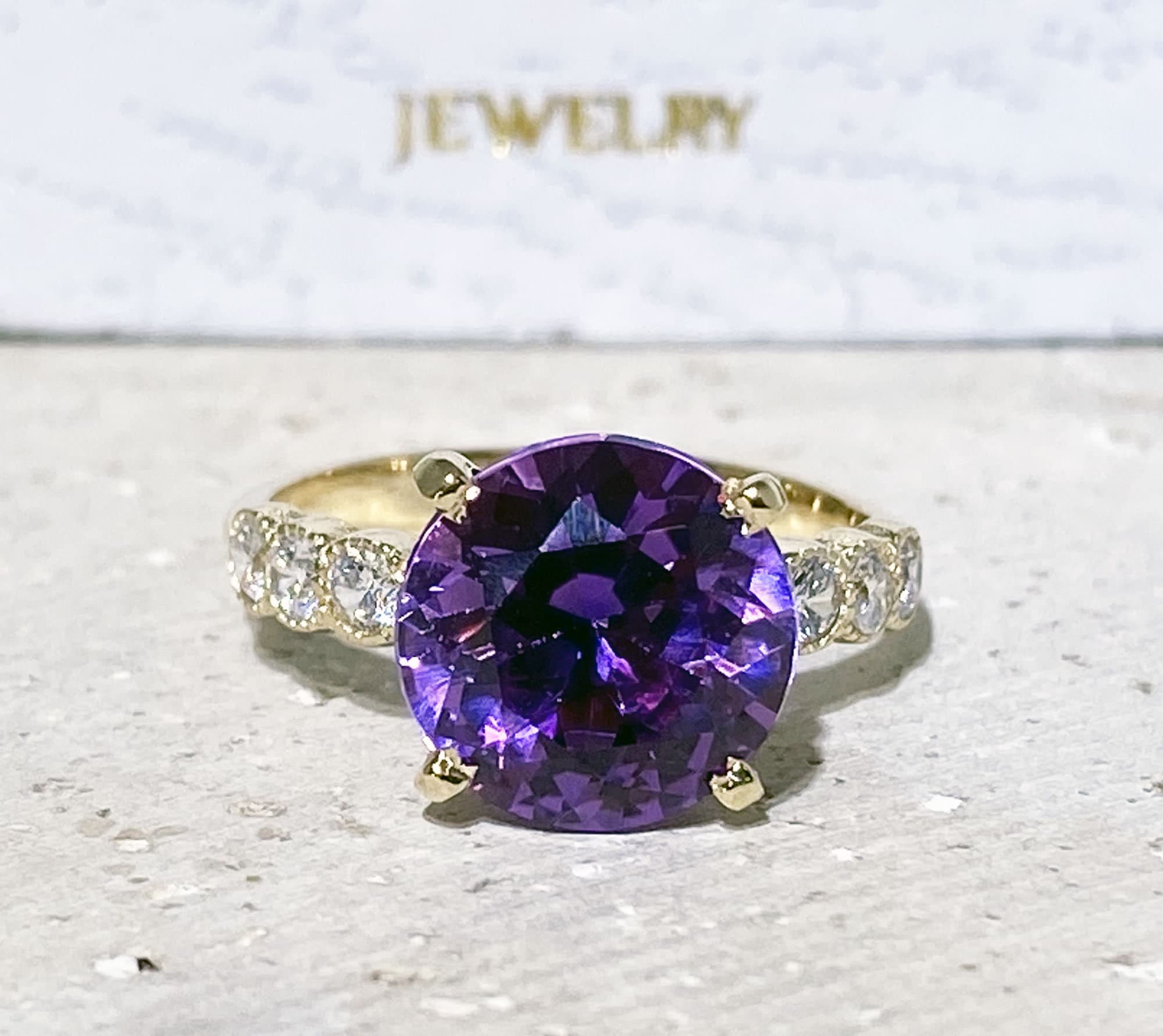 Round Purple Amethyst Engagement Ring with Clear Quartz Accents - H.L.Jewelry
