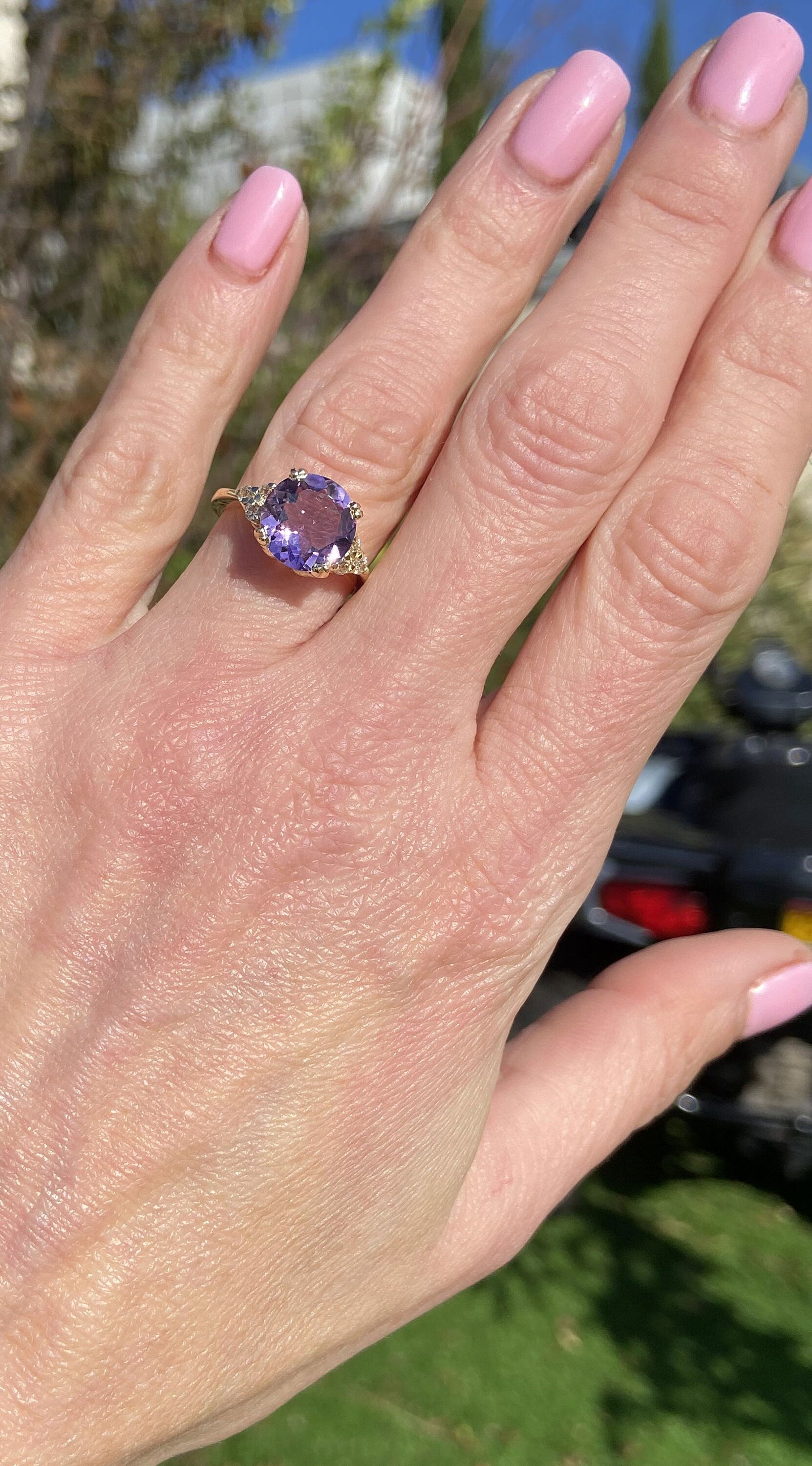 Round Purple Amethyst Engagement Ring with Clear Quartz Accents - H.L.Jewelry