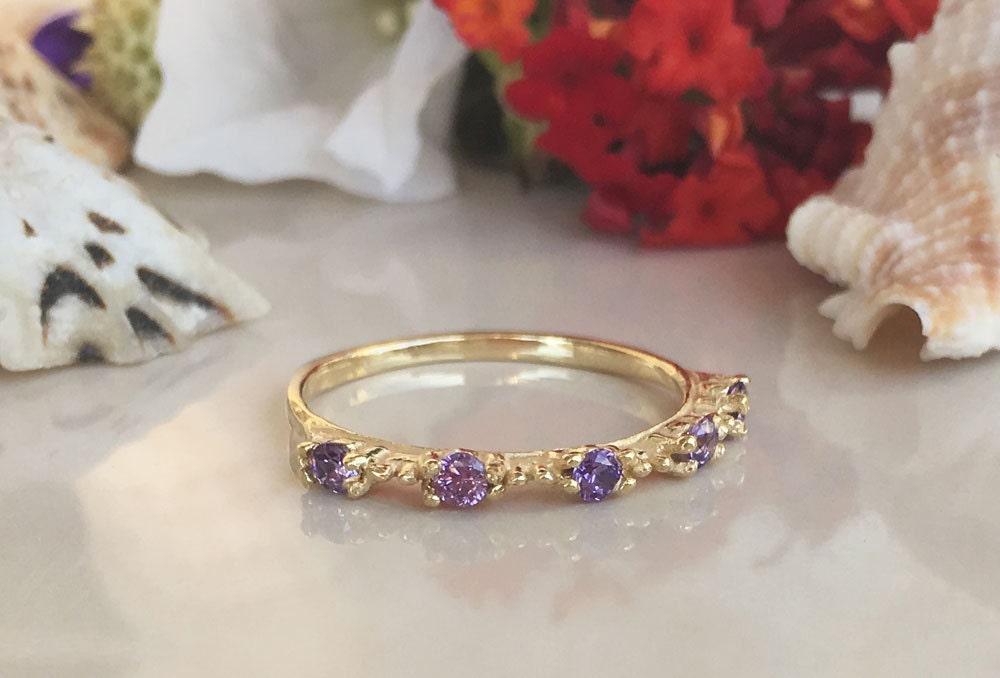 Round Purple Amethyst Five Stone Stacking Simple Ring - H.L.Jewelry