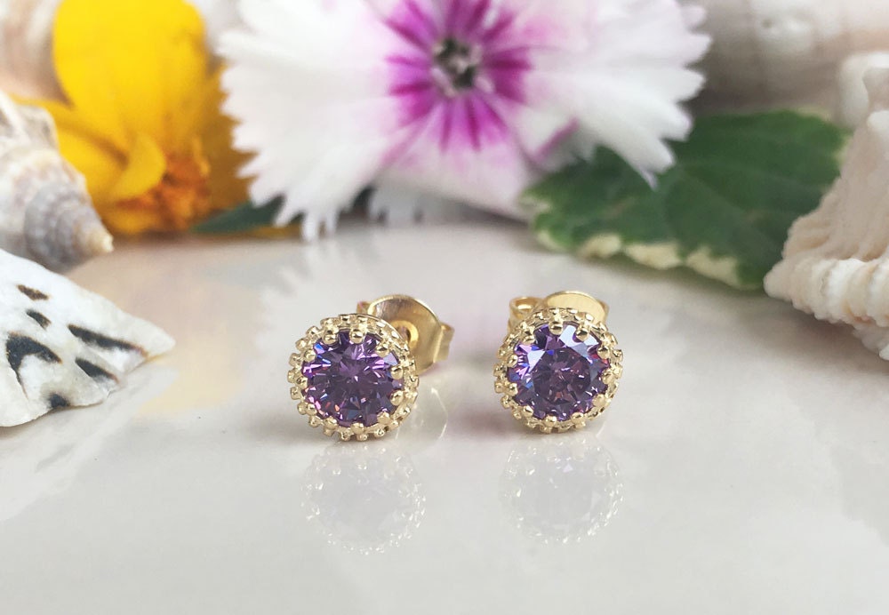 Round Purple Amethyst Simple Stud Earrings - H.L.Jewelry