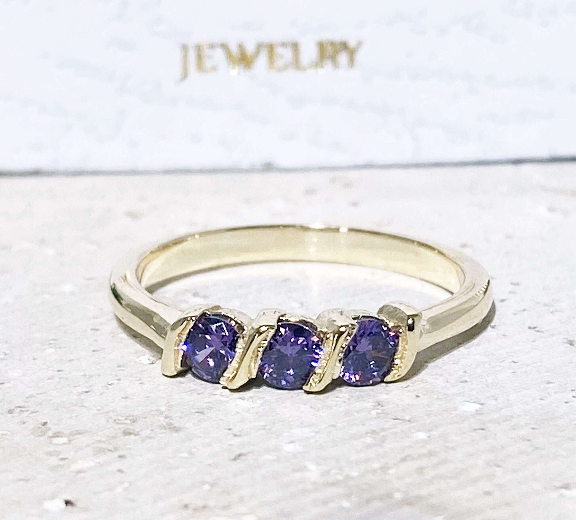 Round Purple Amethyst Three Stone Simple Stacking Ring - H.L.Jewelry