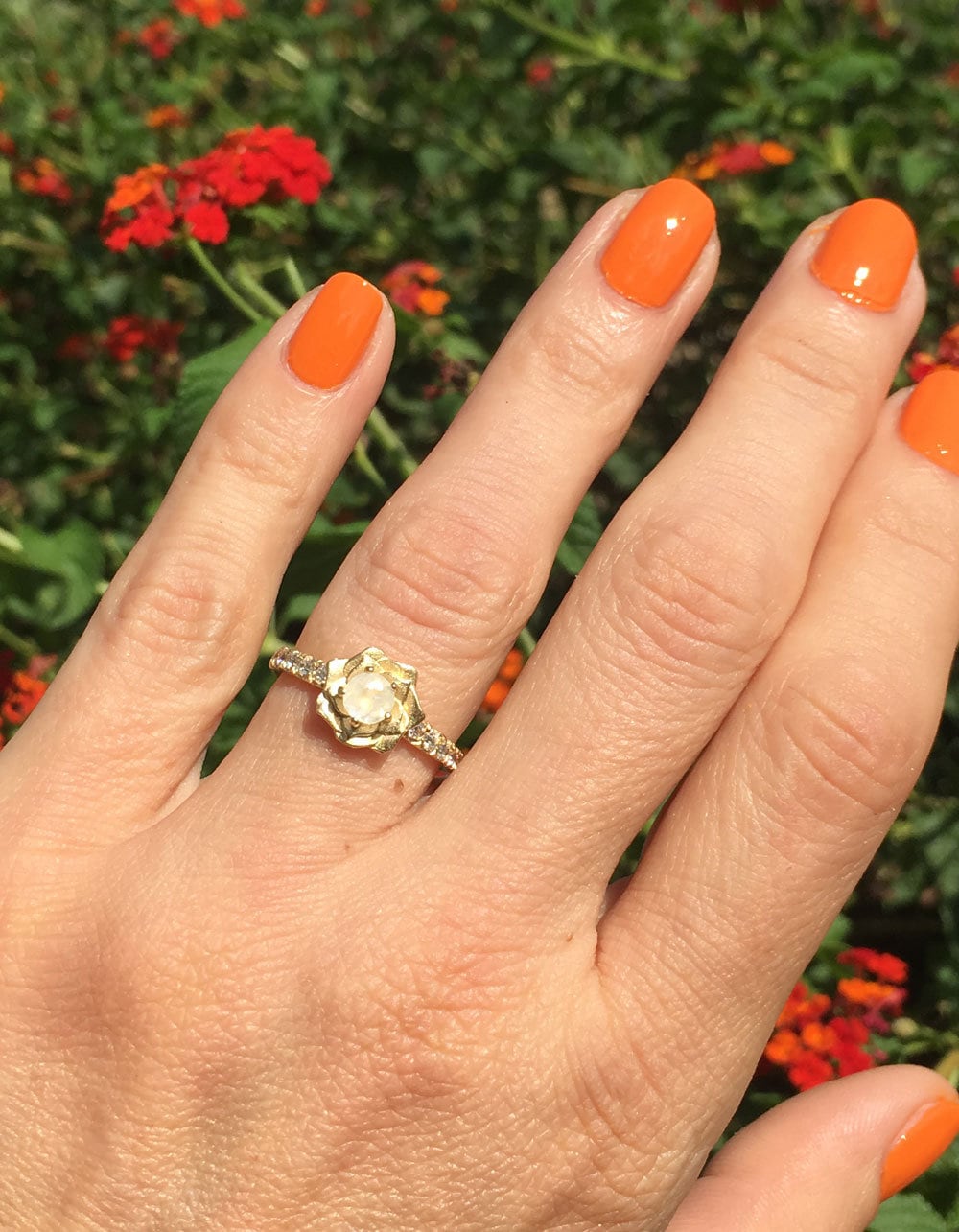 Round Rainbow Moonstone Camellia Ring with Clear Quartz Accents - H.L.Jewelry