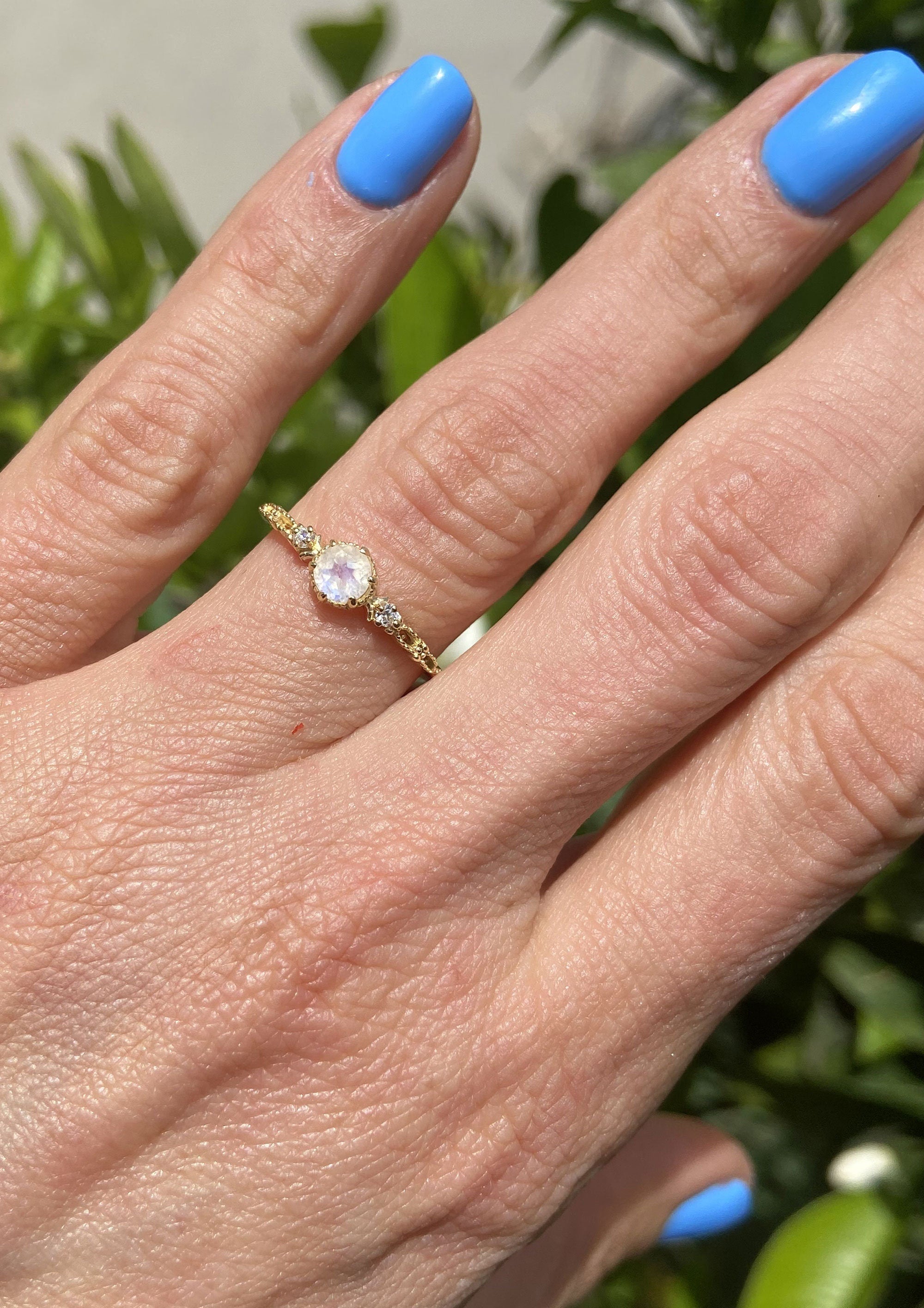 Round Rainbow Moonstone Delicate Ring with Clear Quartz Accents - H.L.Jewelry