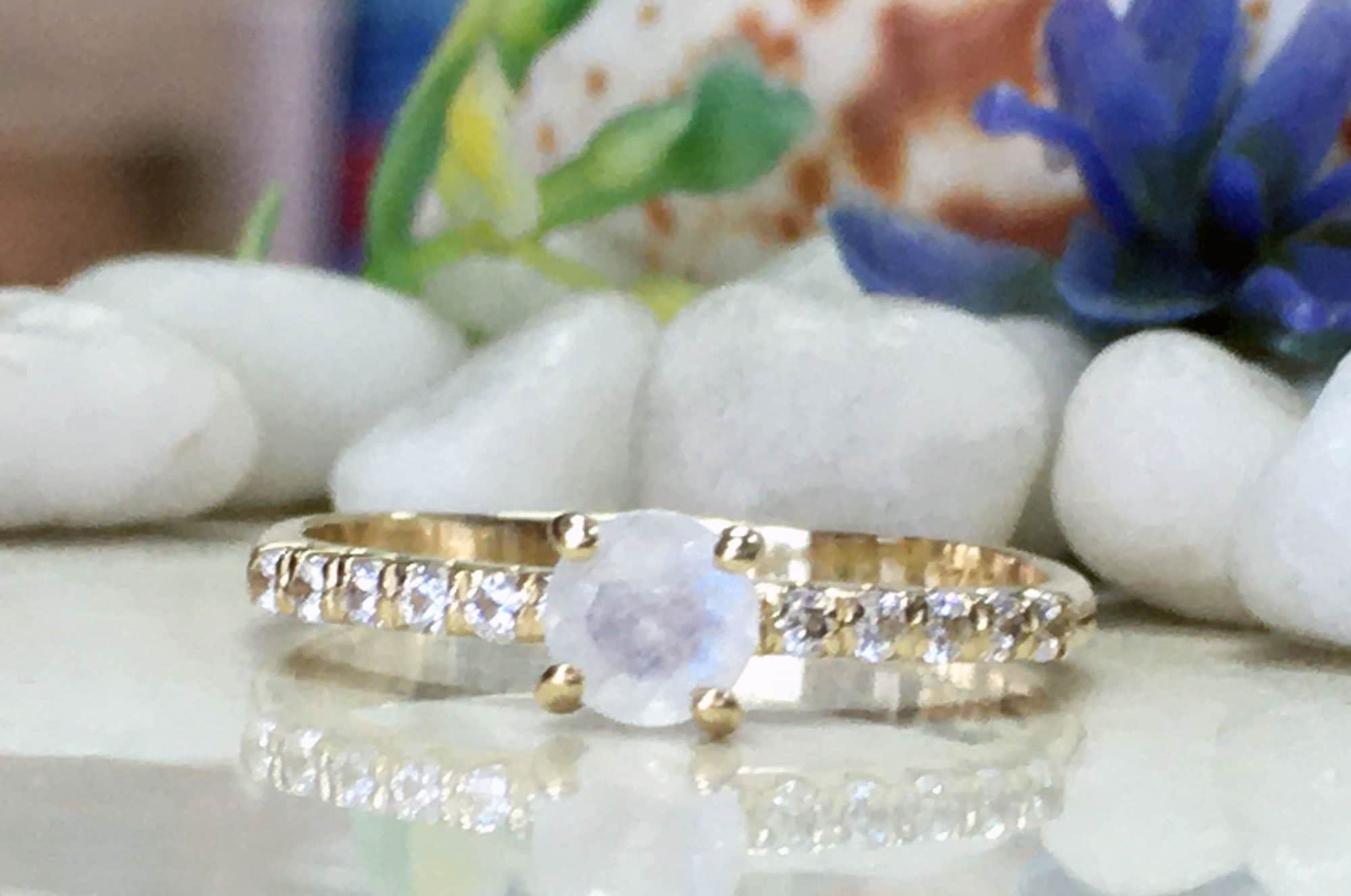 Round Rainbow Moonstone Delicate Ring with Clear Quartz Accents - H.L.Jewelry