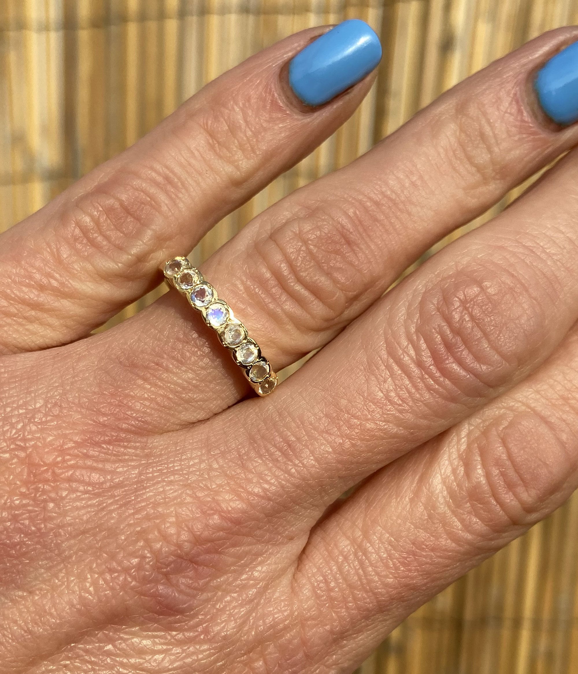 Round Rainbow Moonstone Eight Stone Stackable Half Eternity Bezel Ring - H.L.Jewelry