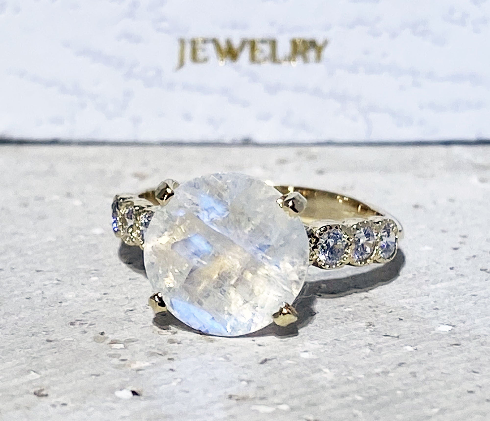 Round Rainbow Moonstone Engagement Ring with Clear Quartz Accents - H.L.Jewelry
