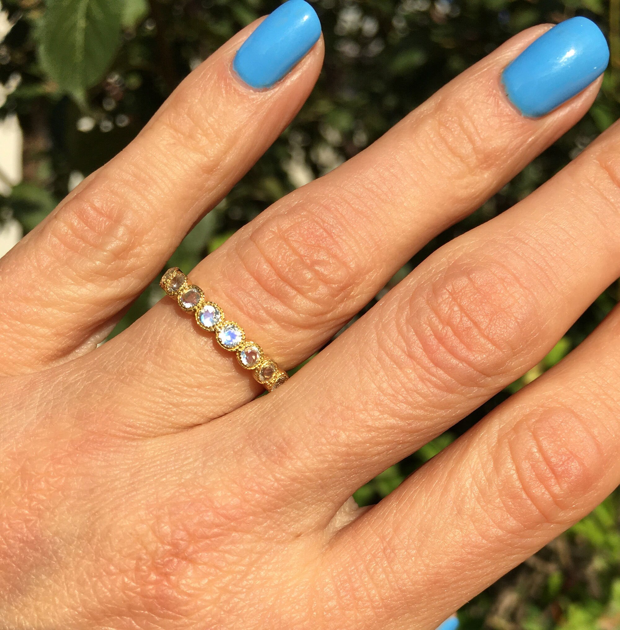 Round Rainbow Moonstone Nine-Stone Stackable Half Eternity Bezel Ring - H.L.Jewelry