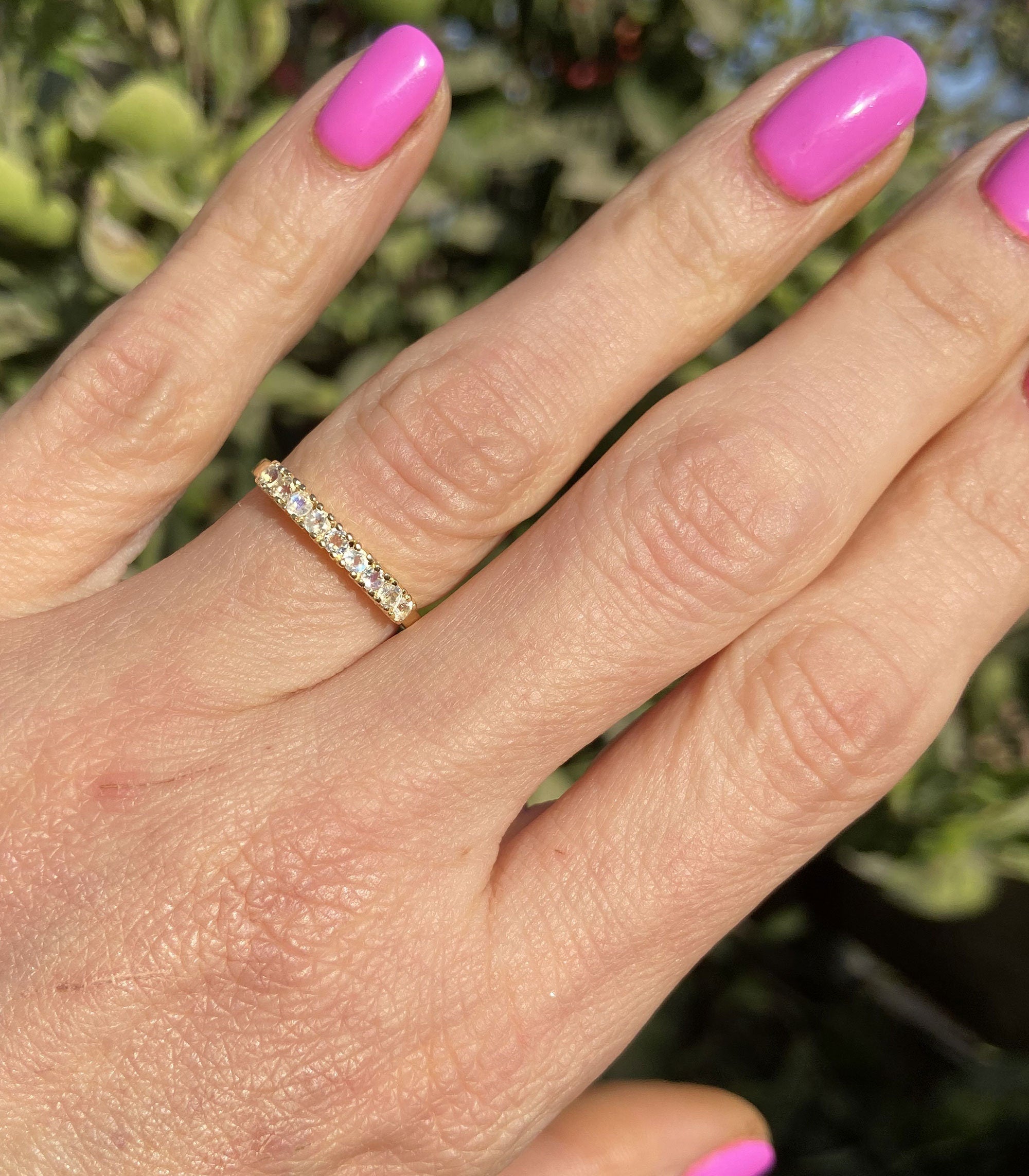 Round Rainbow Moonstone Nine-Stone Stackable Half Eternity Ring - H.L.Jewelry