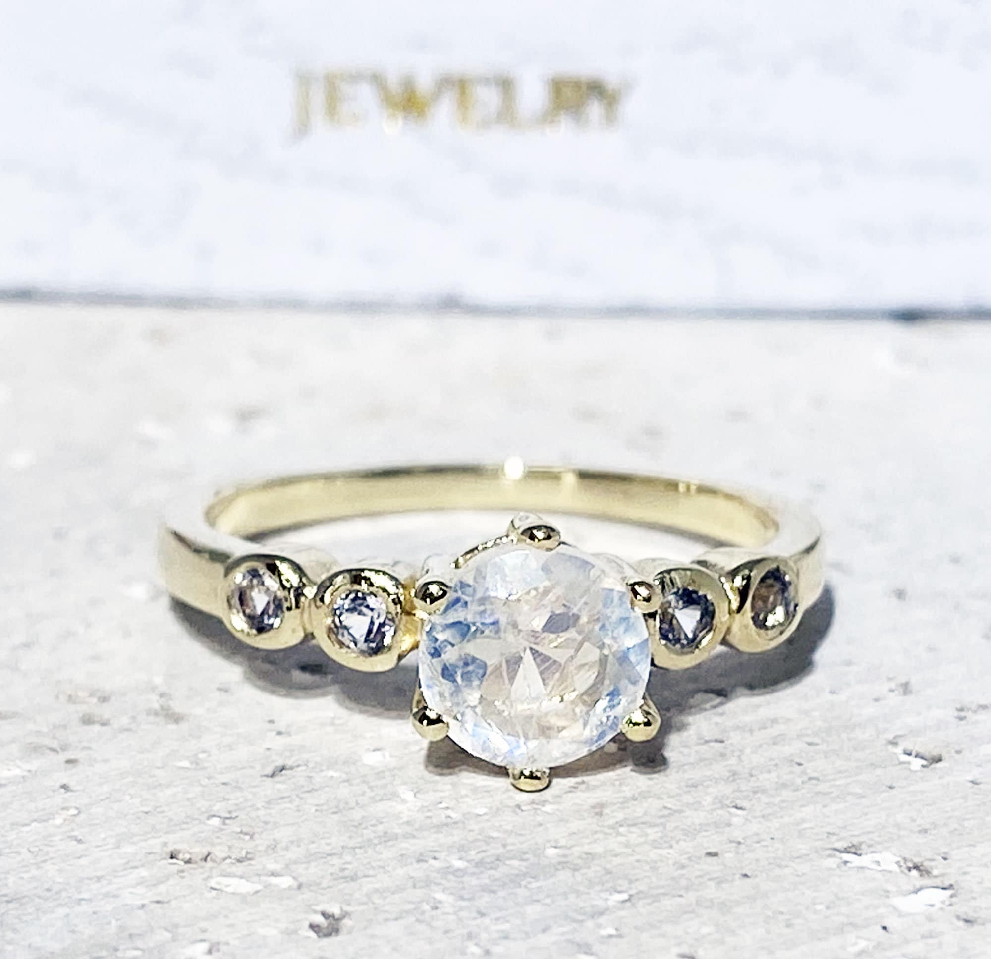 Round Rainbow Moonstone Ring with Clear Quartz Accents - H.L.Jewelry