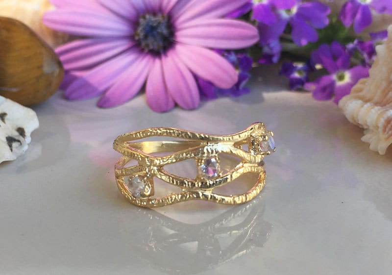 Round Rainbow Moonstone Three Stone Hammered Band Ring - H.L.Jewelry