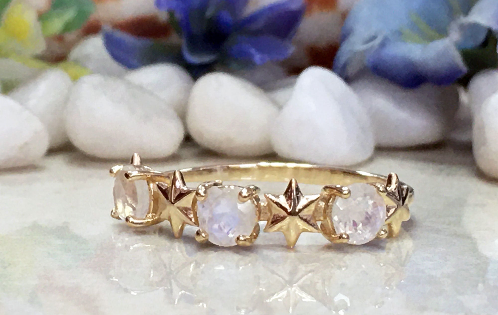 Round Rainbow Moonstone Three Stone Ring with Star Accents - H.L.Jewelry