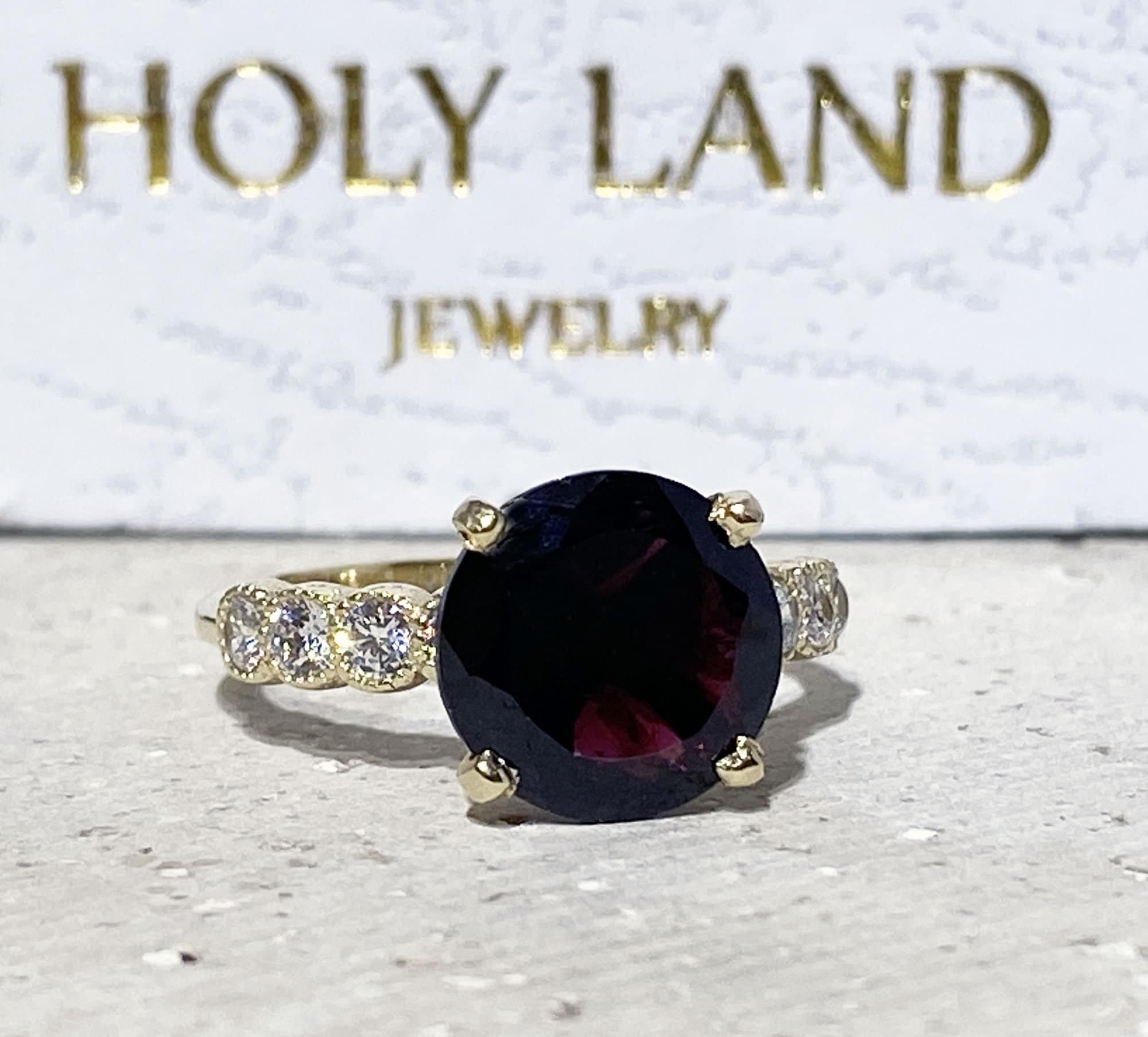 Round Red Garnet Engagement Ring with Clear Quartz Accents - H.L.Jewelry