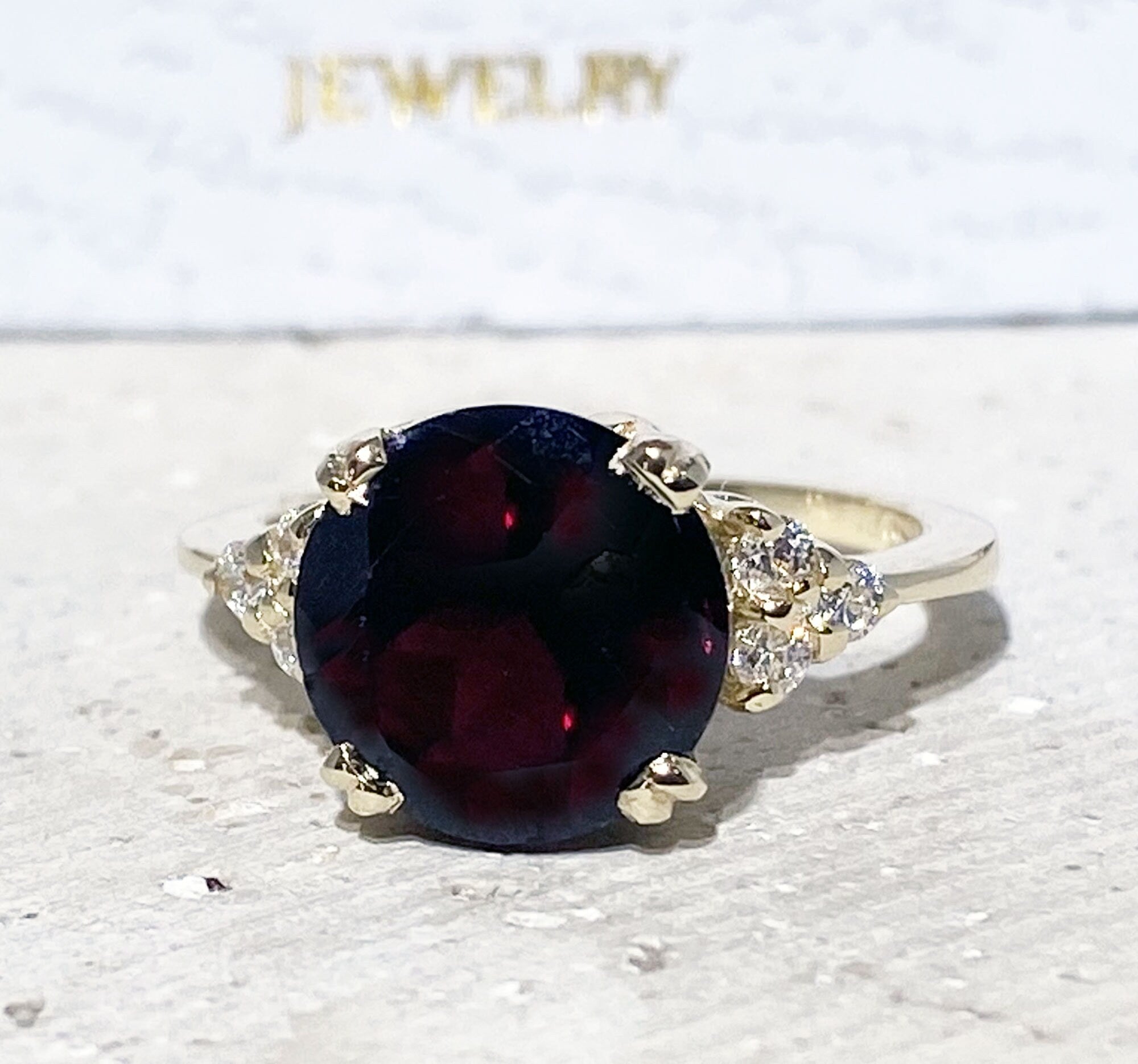 Round Red Garnet Engagement Ring with Clear Quartz Accents - H.L.Jewelry