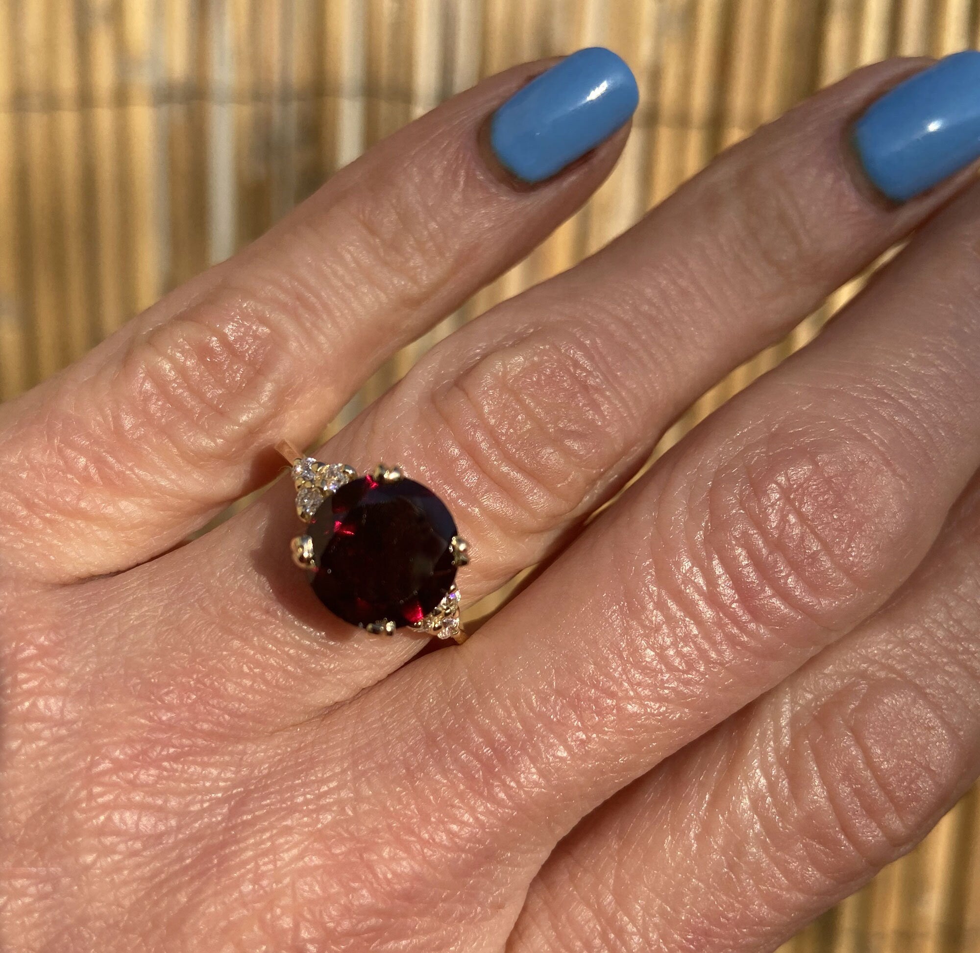Round Red Garnet Engagement Ring with Clear Quartz Accents - H.L.Jewelry