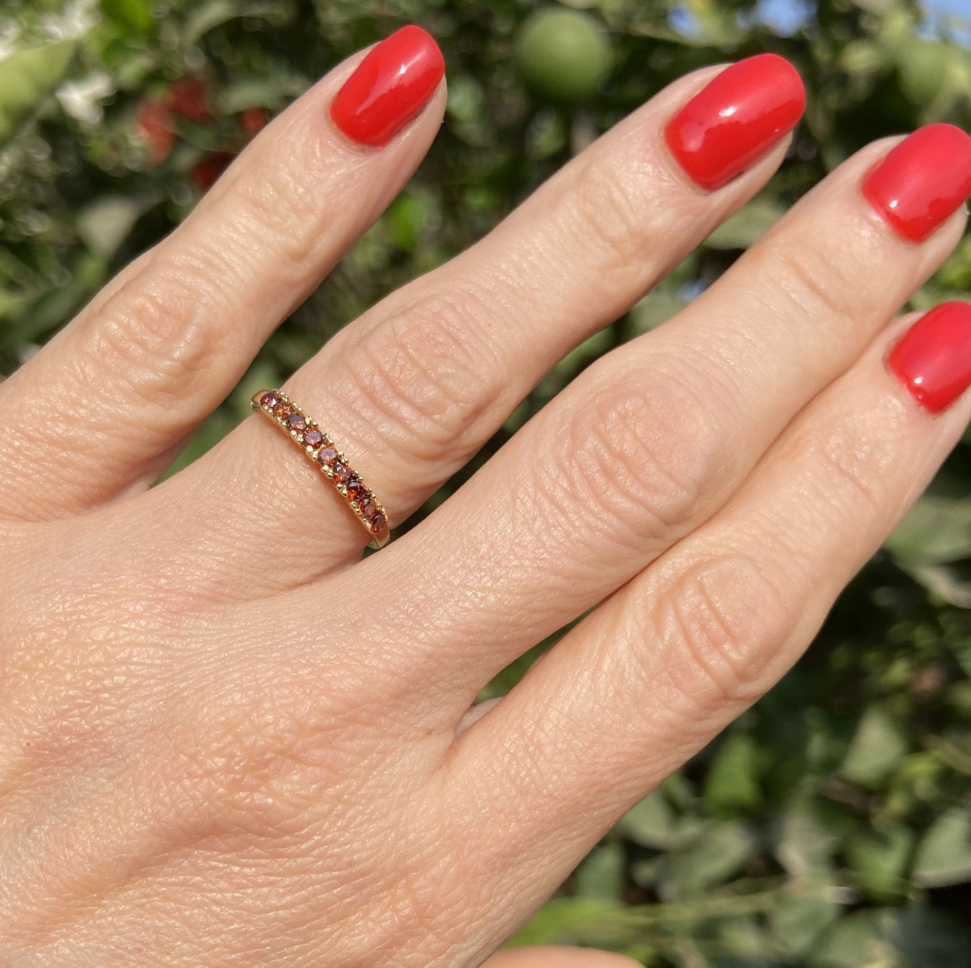 Round Red Garnet Nine Stone Half Eternity Stacking Ring - H.L.Jewelry
