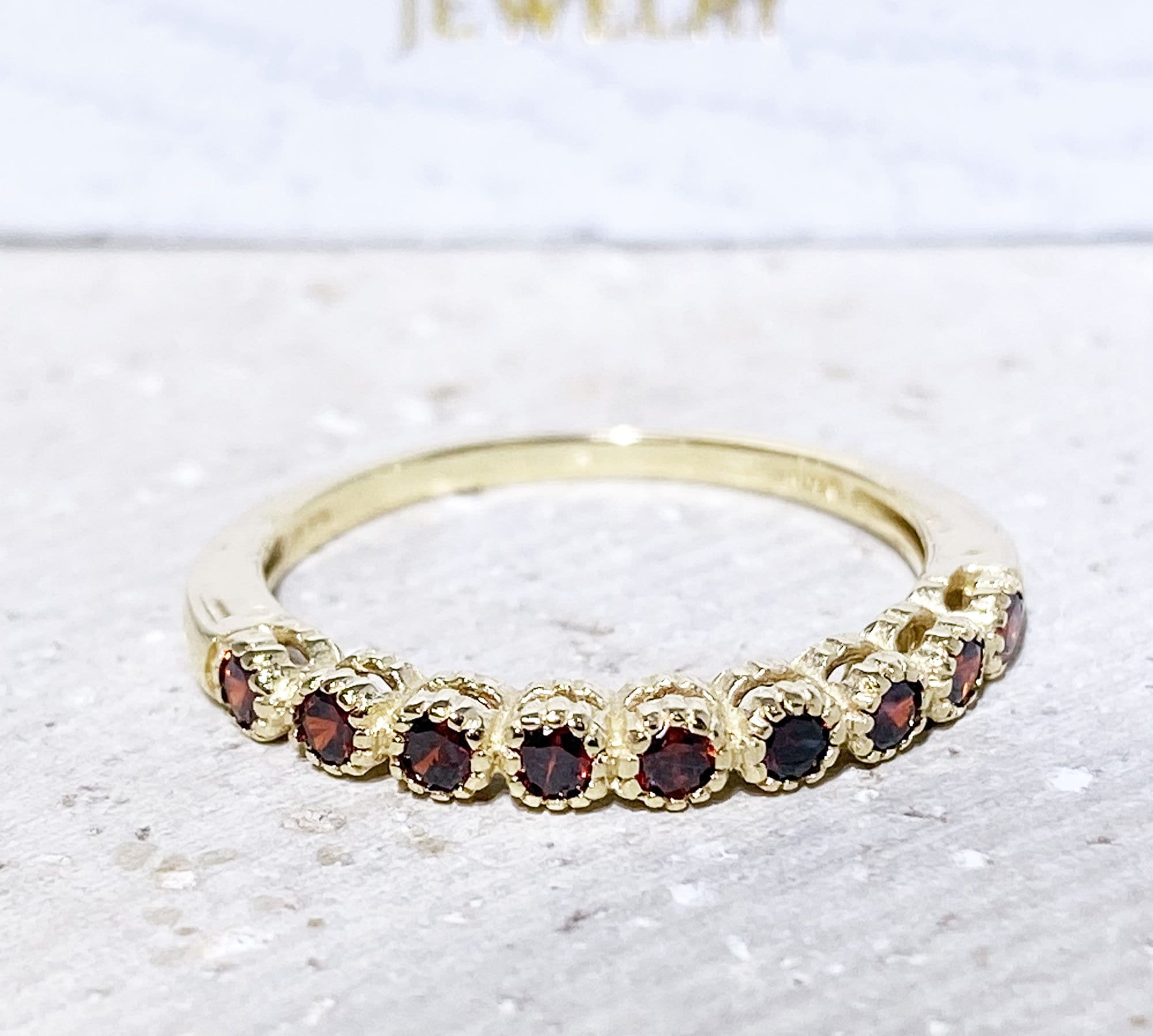Round Red Garnet Nine Stone Stacking Half Eternity Bezel Ring - H.L.Jewelry
