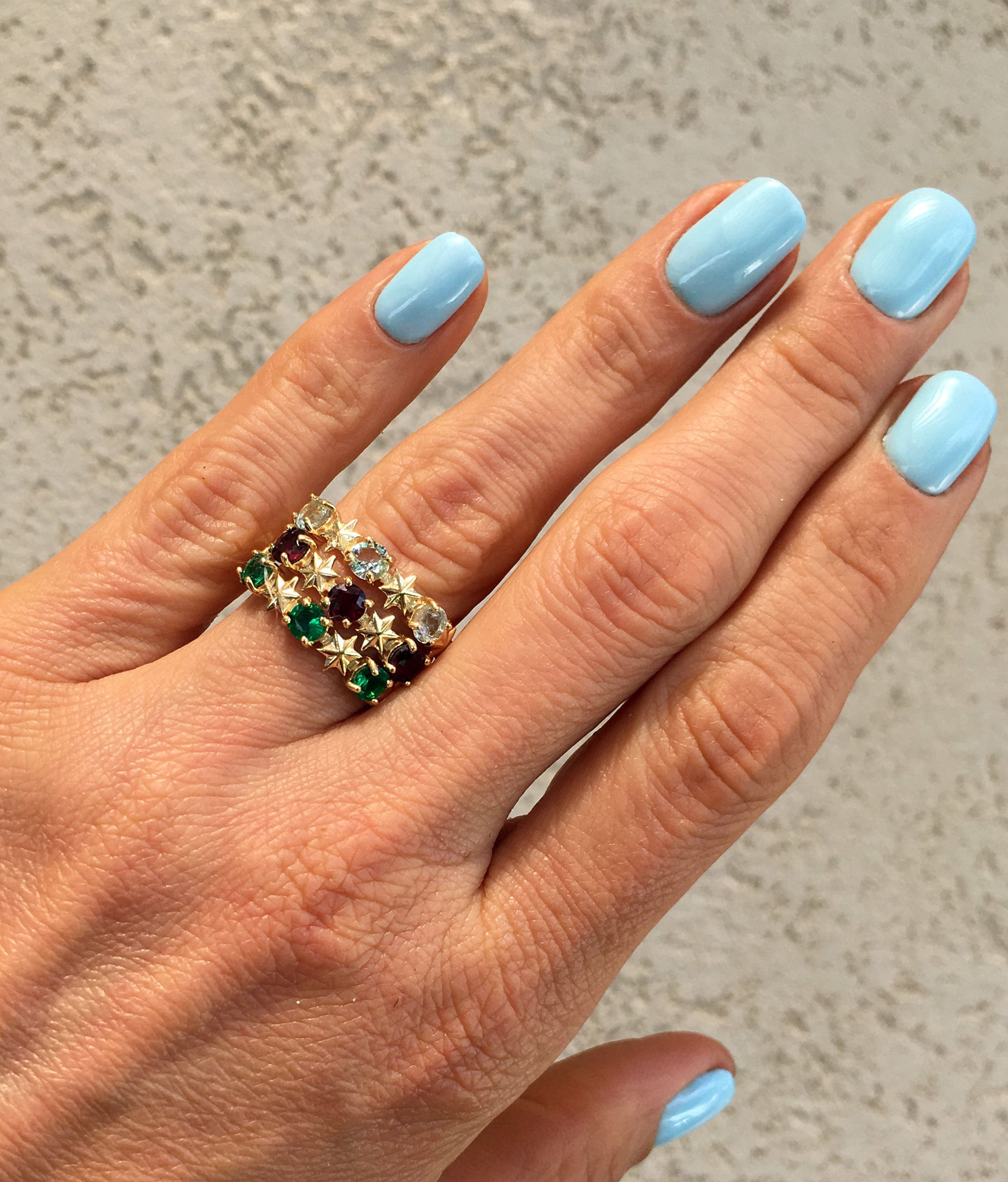 Round Red Garnet Three Stone Ring with Star Accents - H.L.Jewelry