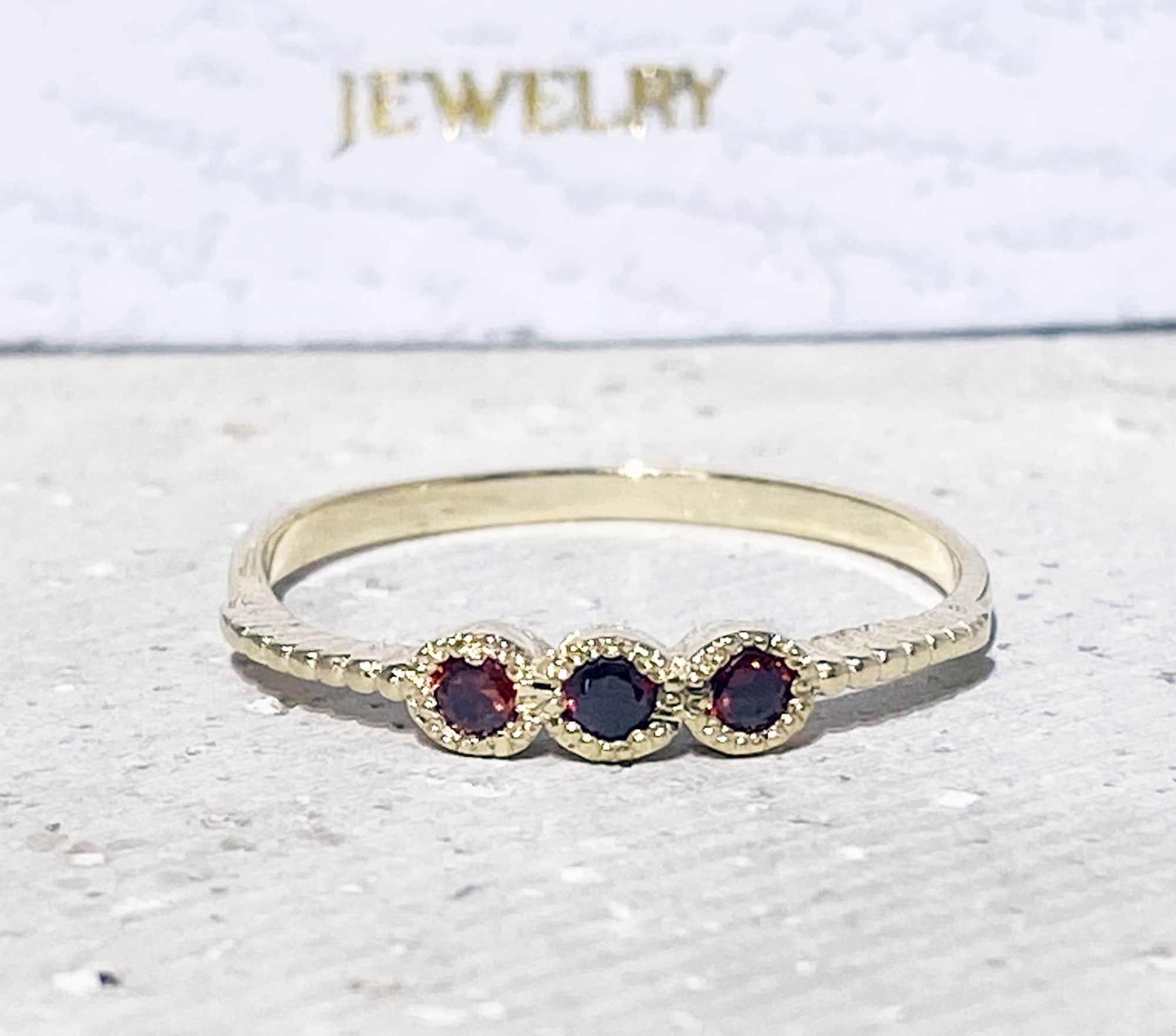 Round Red Garnet Three Stone Simple Stacking Bezel Ring - H.L.Jewelry
