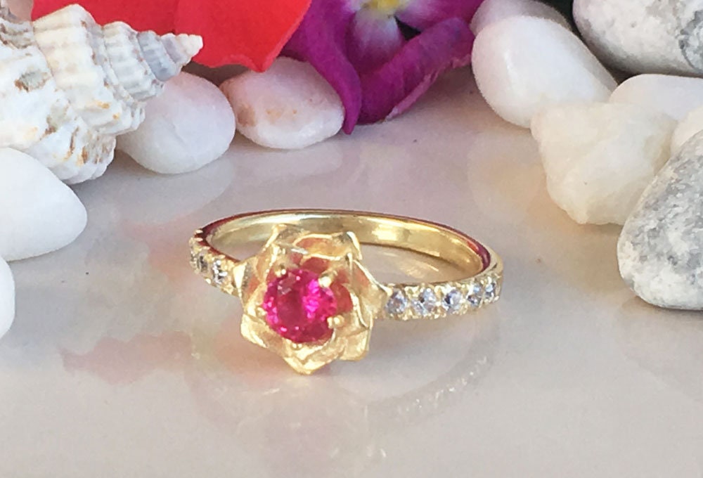 Round Ruby Camellia Ring with Clear Quartz Accents - H.L.Jewelry