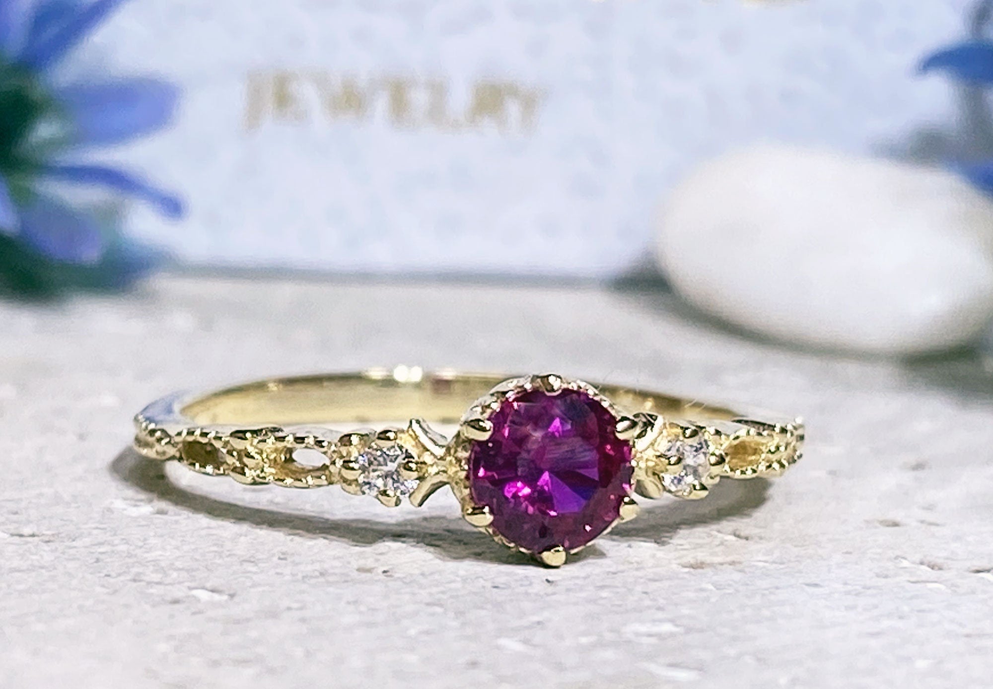 Round Ruby Delicate Ring with Clear Quartz Accents - H.L.Jewelry