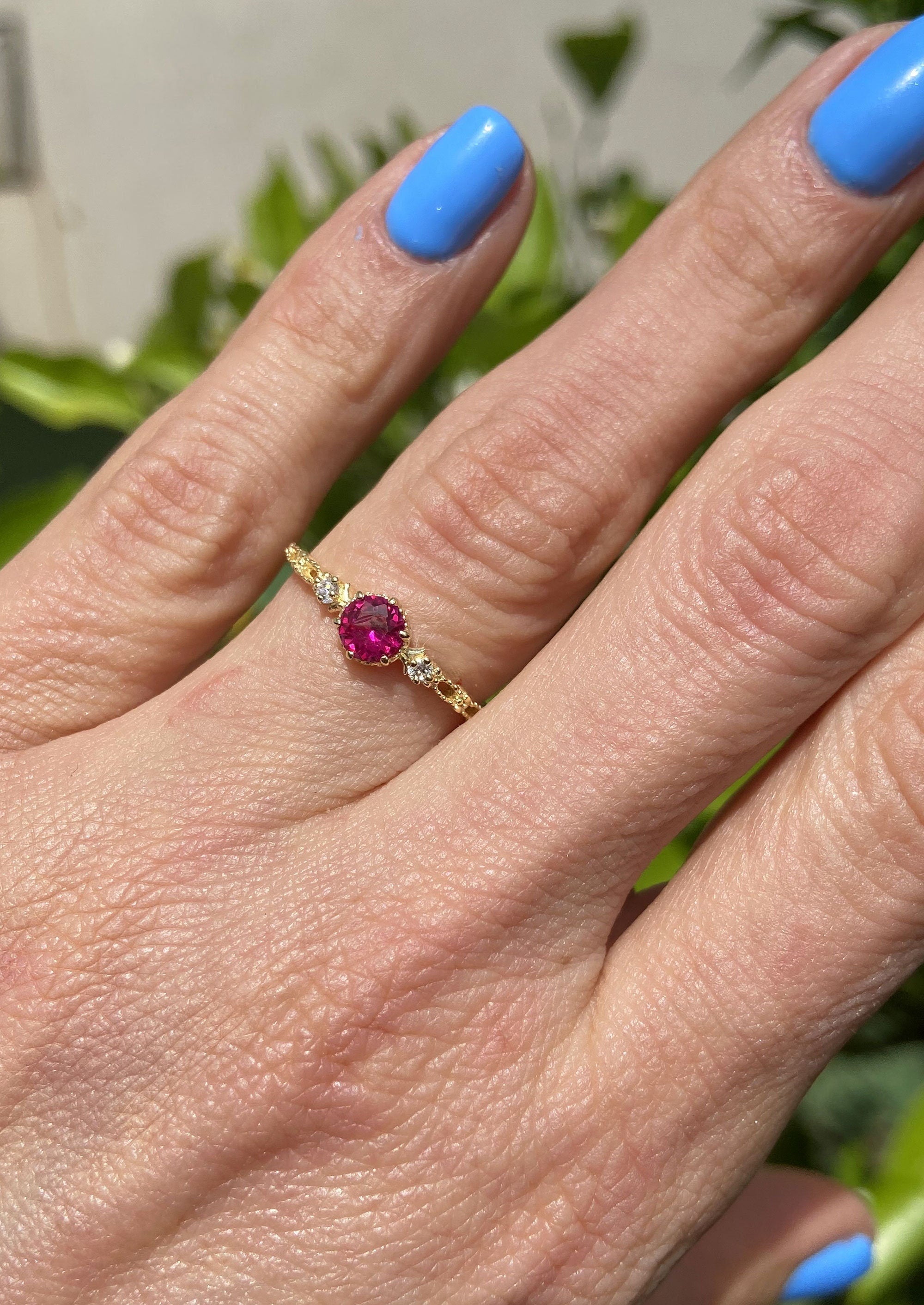 Round Ruby Delicate Ring with Clear Quartz Accents - H.L.Jewelry