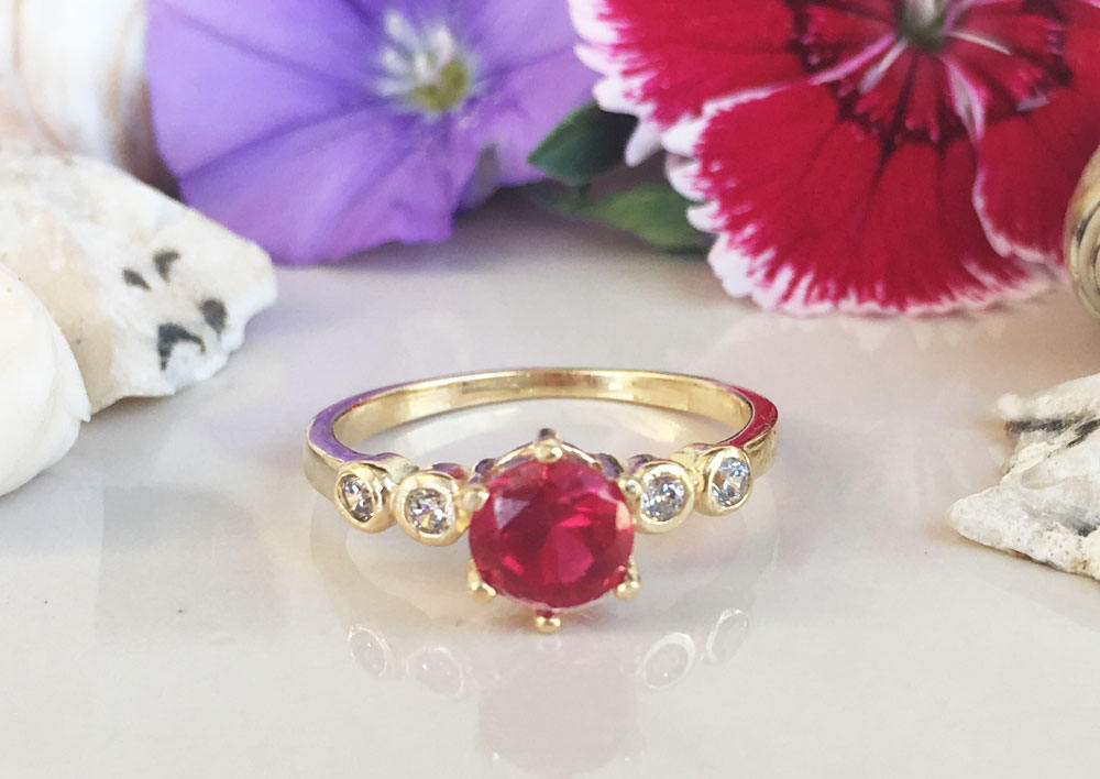 Round Ruby Delicate Ring with Clear Quartz Accents - H.L.Jewelry