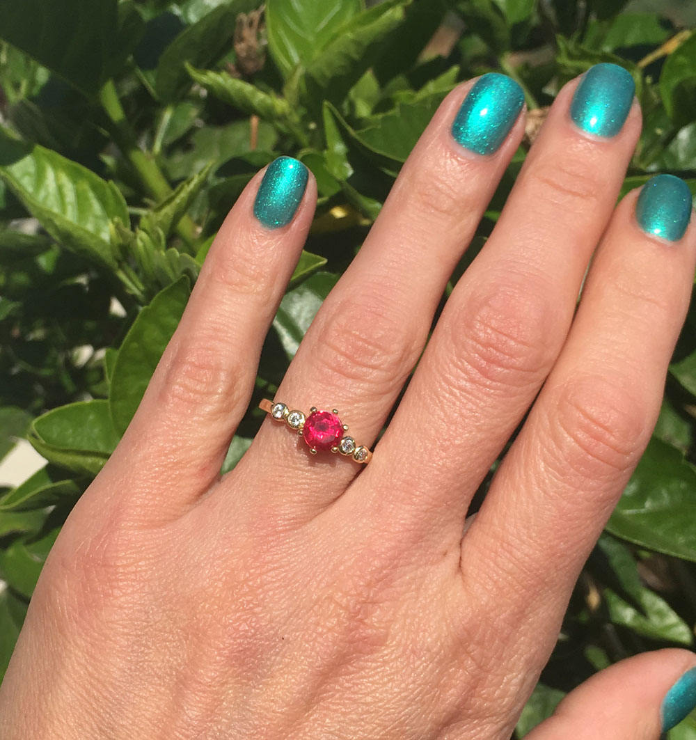 Round Ruby Delicate Ring with Clear Quartz Accents - H.L.Jewelry