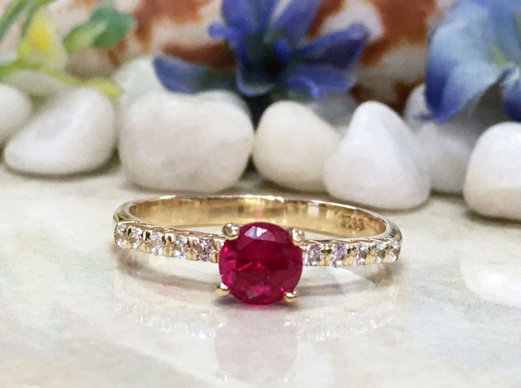 Round Ruby Delicate Ring with Clear Quartz Accents - H.L.Jewelry