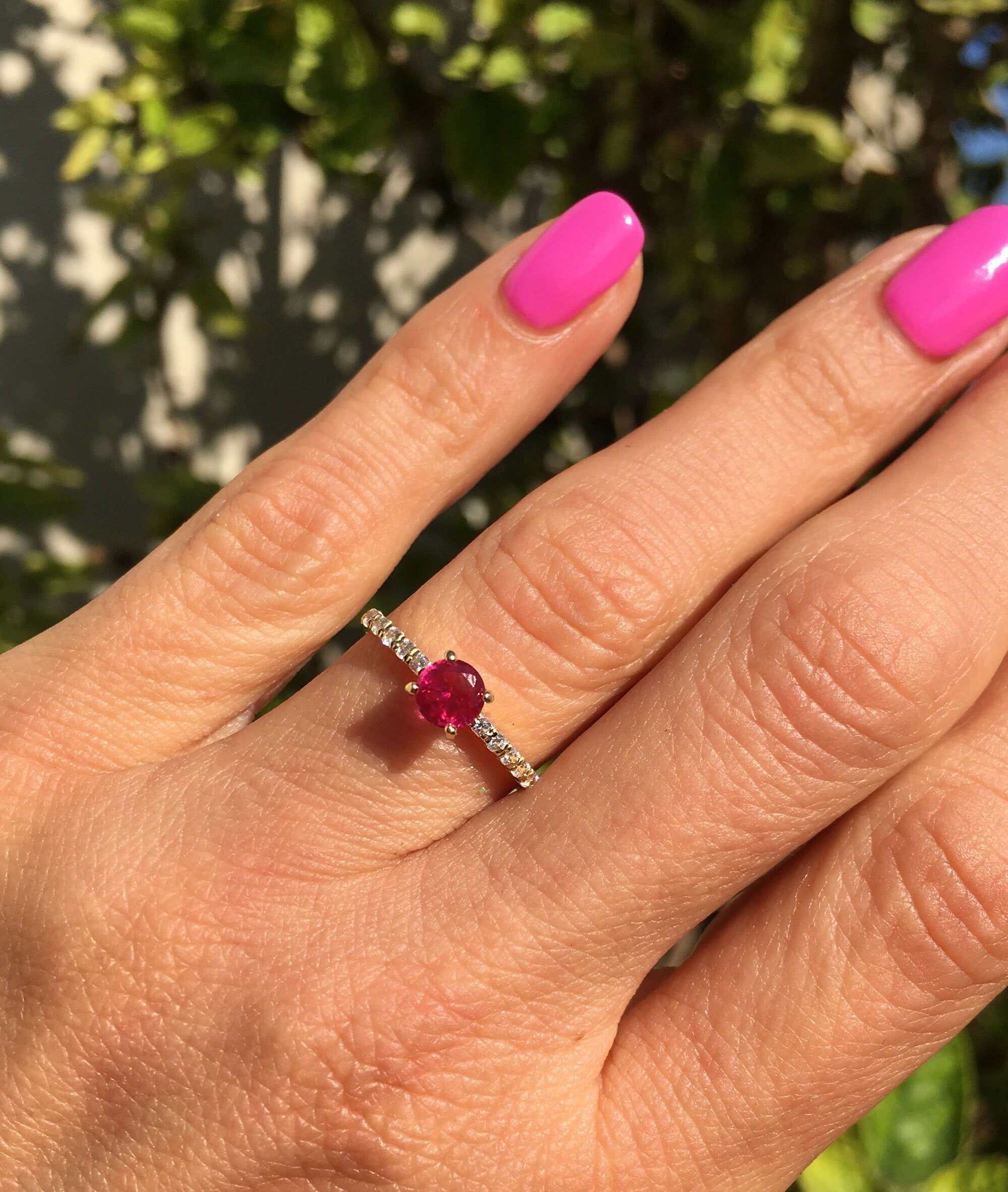 Round Ruby Delicate Ring with Clear Quartz Accents - H.L.Jewelry
