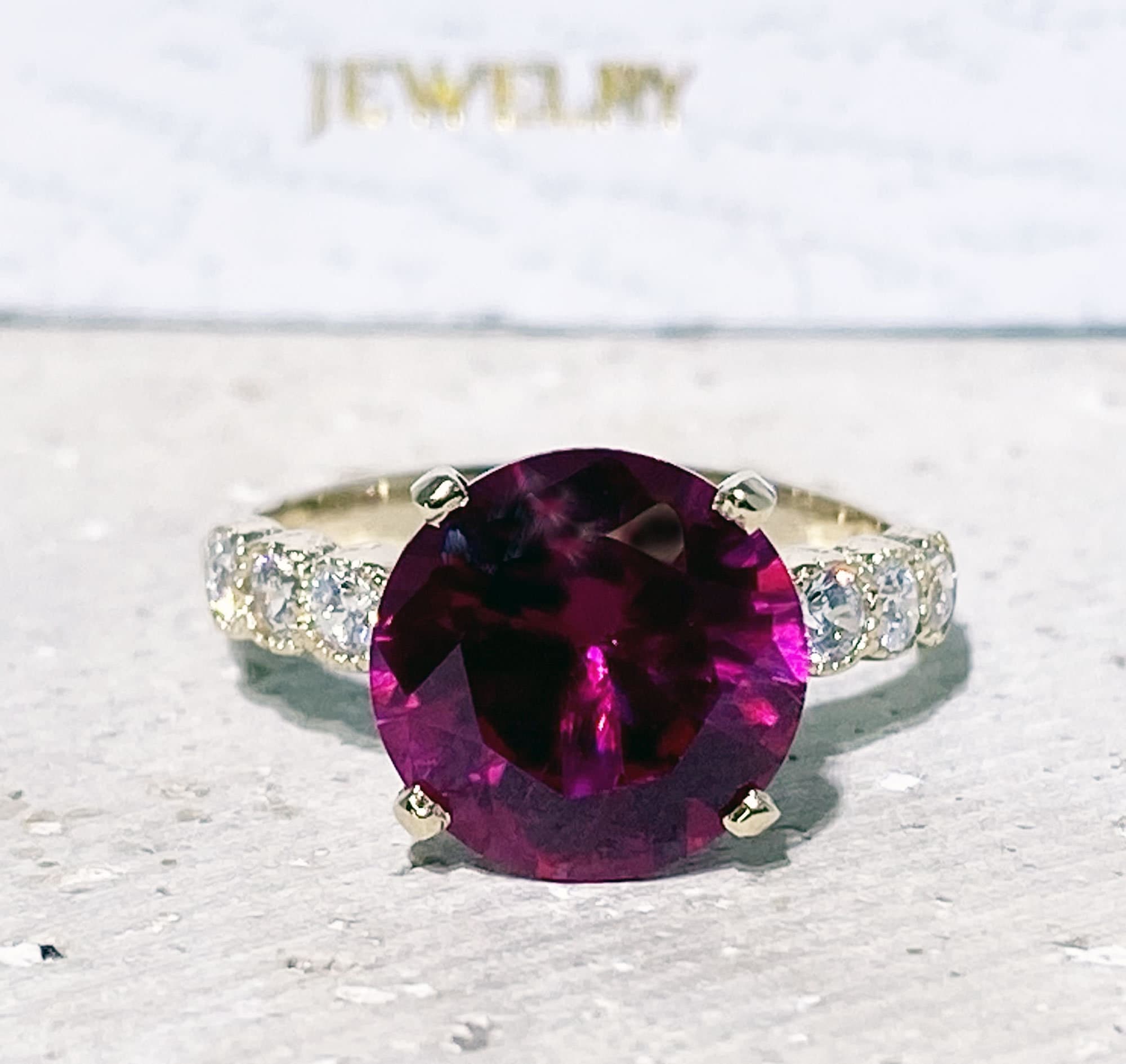 Round Ruby Engagement Ring with Clear Quartz Accents - H.L.Jewelry