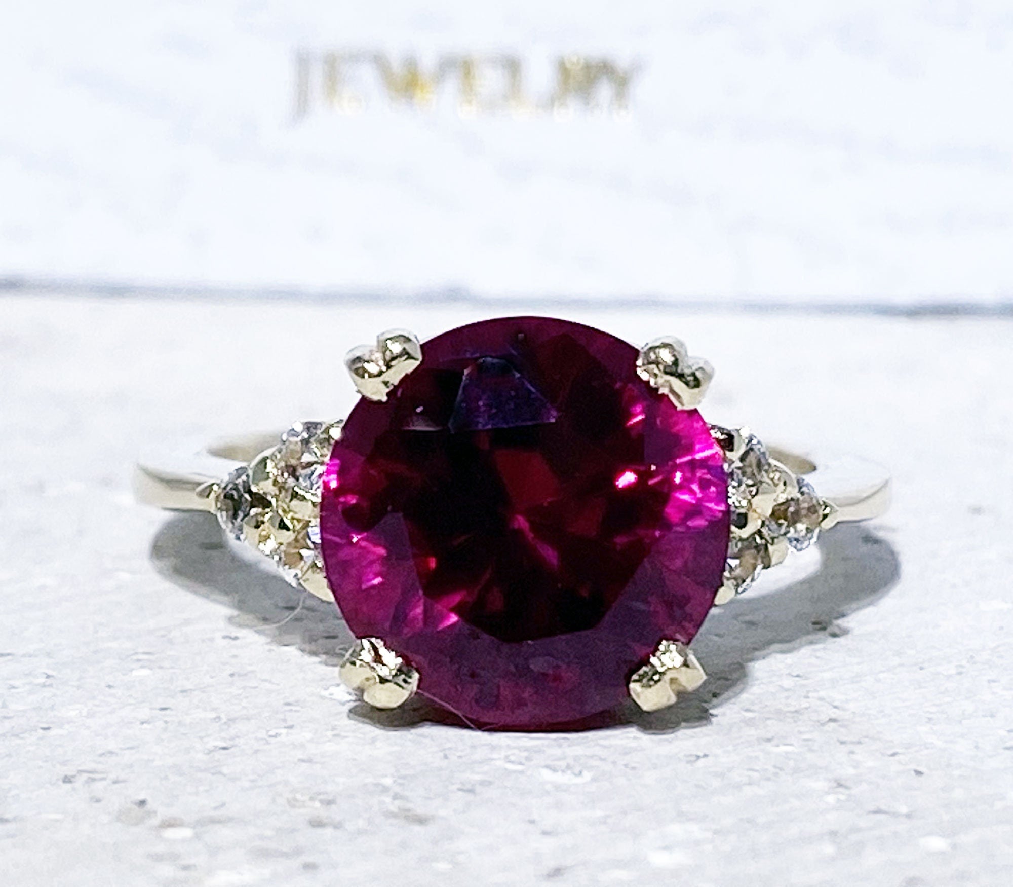 Round Ruby Engagement Ring with Clear Quartz Accents - H.L.Jewelry