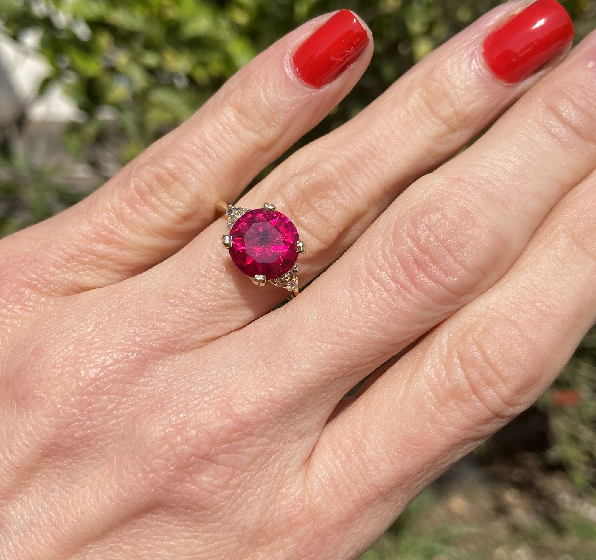 Round Ruby Engagement Ring with Clear Quartz Accents - H.L.Jewelry