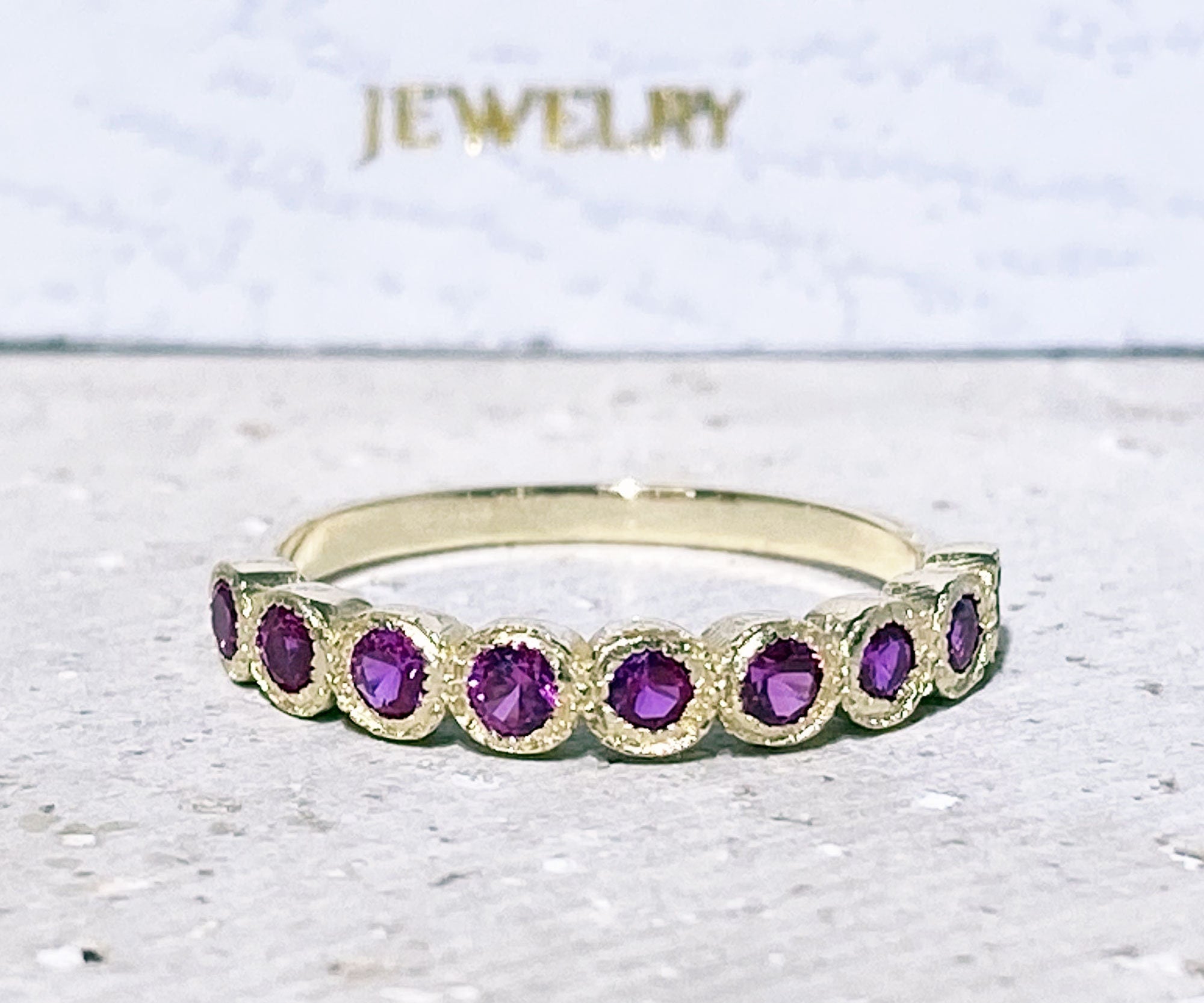 Round Ruby Nine-Stone Half Eternity Stacking Bezel Ring - H.L.Jewelry