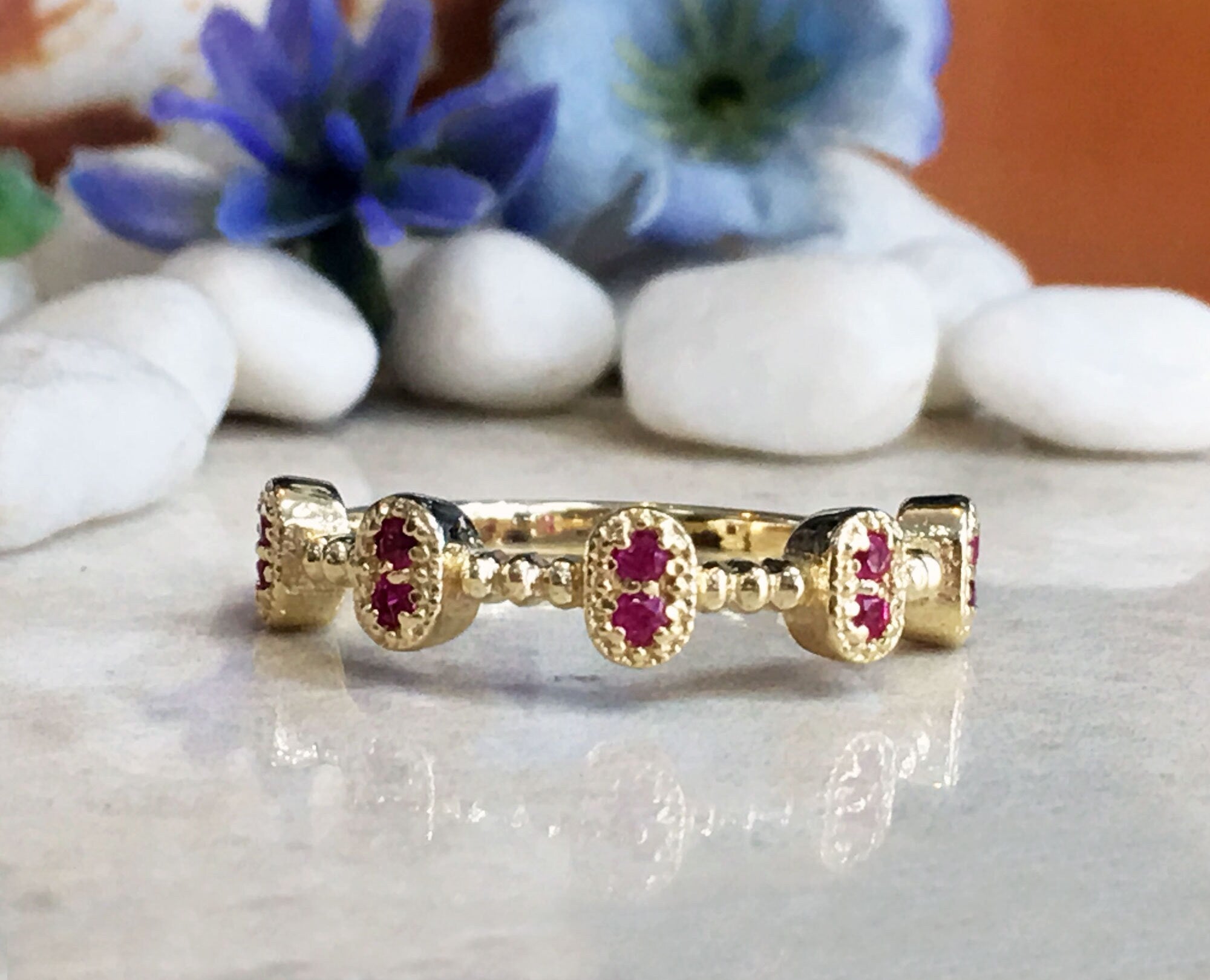 Round Ruby Ten-Stone Bezel Set Ring - H.L.Jewelry