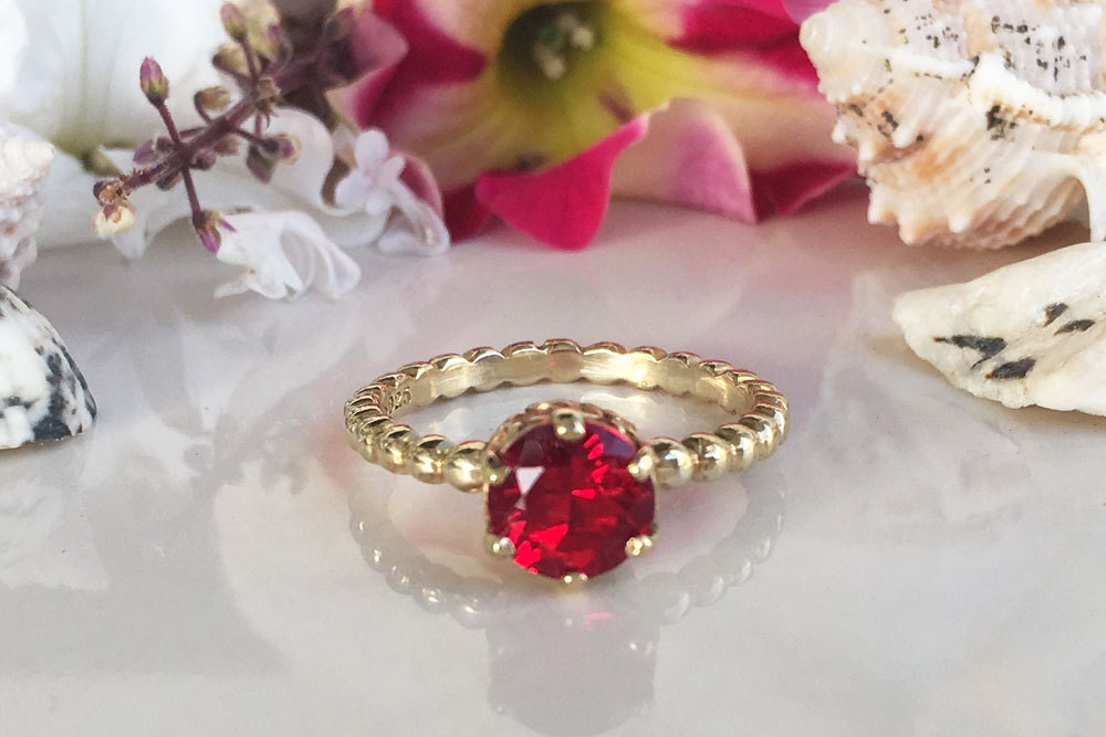 Round Ruby Vintage Beaded Band Ring - H.L.Jewelry