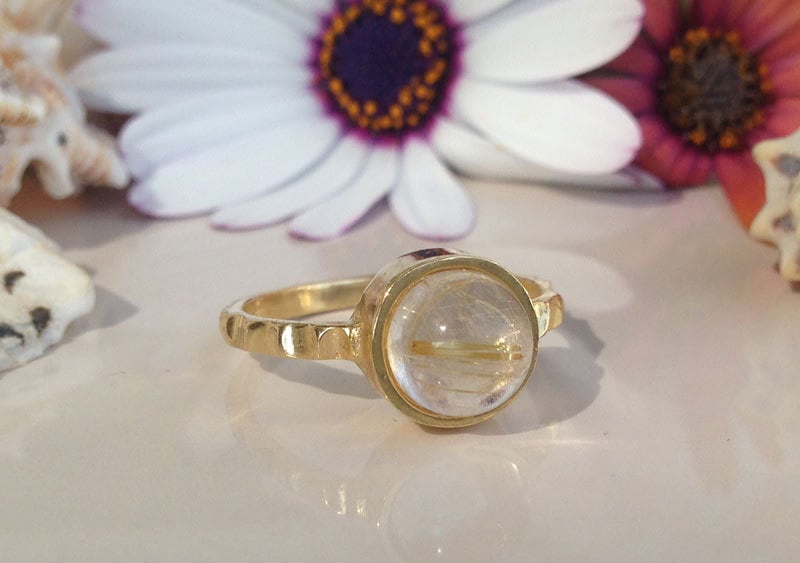 Round Rutilated Quartz Simple Bezel Hammered Band Ring - H.L.Jewelry