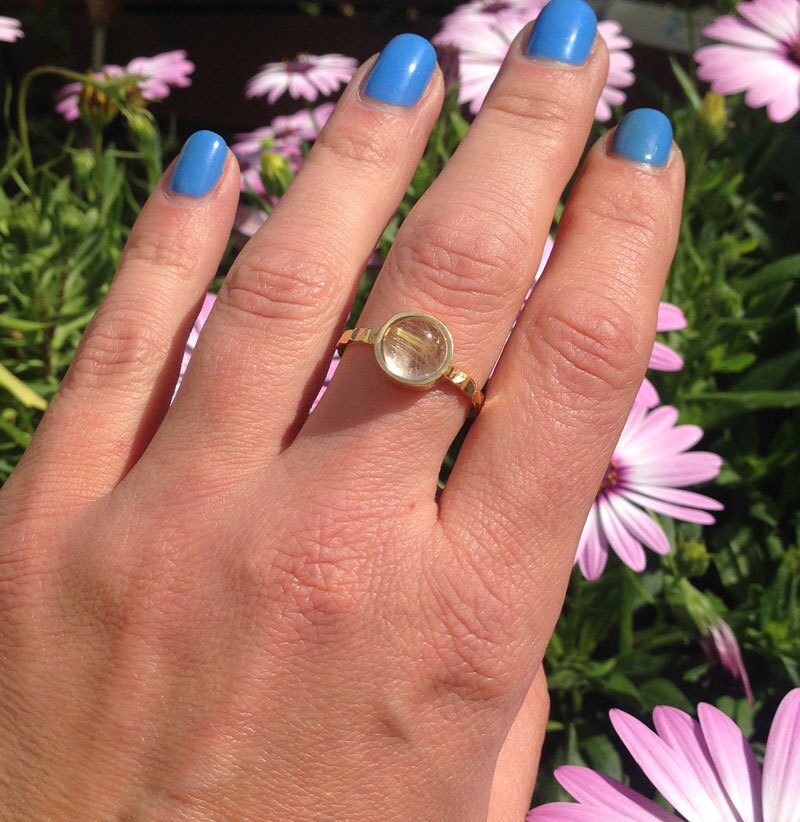Round Rutilated Quartz Simple Bezel Hammered Band Ring - H.L.Jewelry