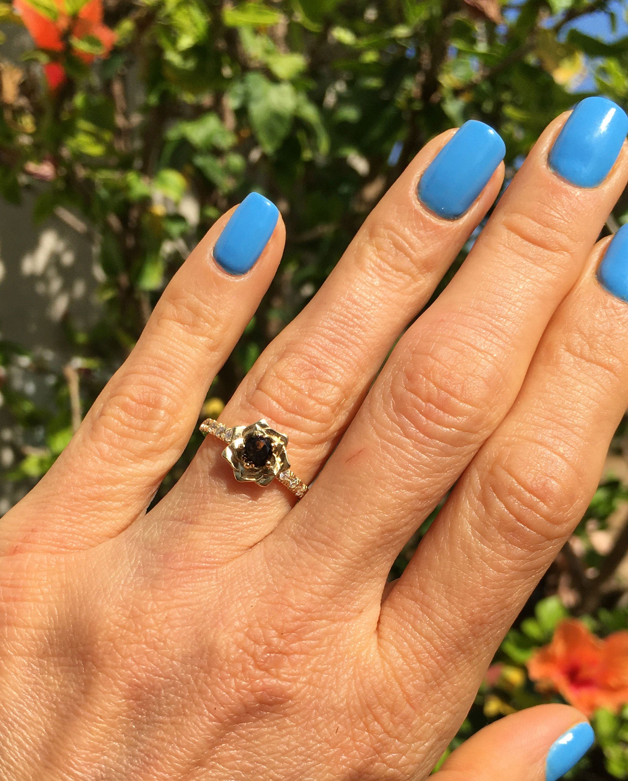 Round Smoky Quartz Camellia Ring with Clear Quartz Accents - H.L.Jewelry