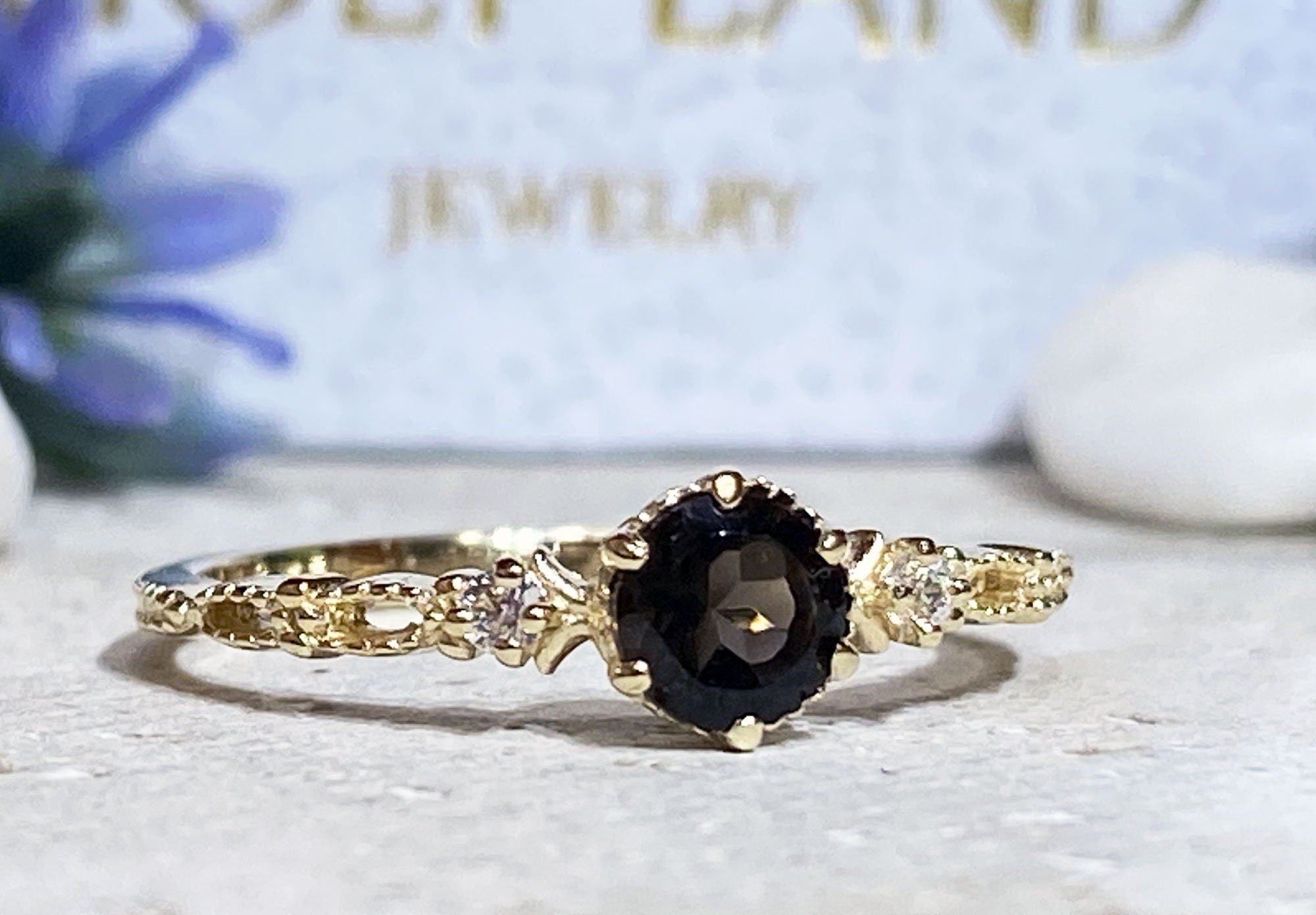 Round Smoky Quartz Delicate Ring with Clear Quartz Accents - H.L.Jewelry