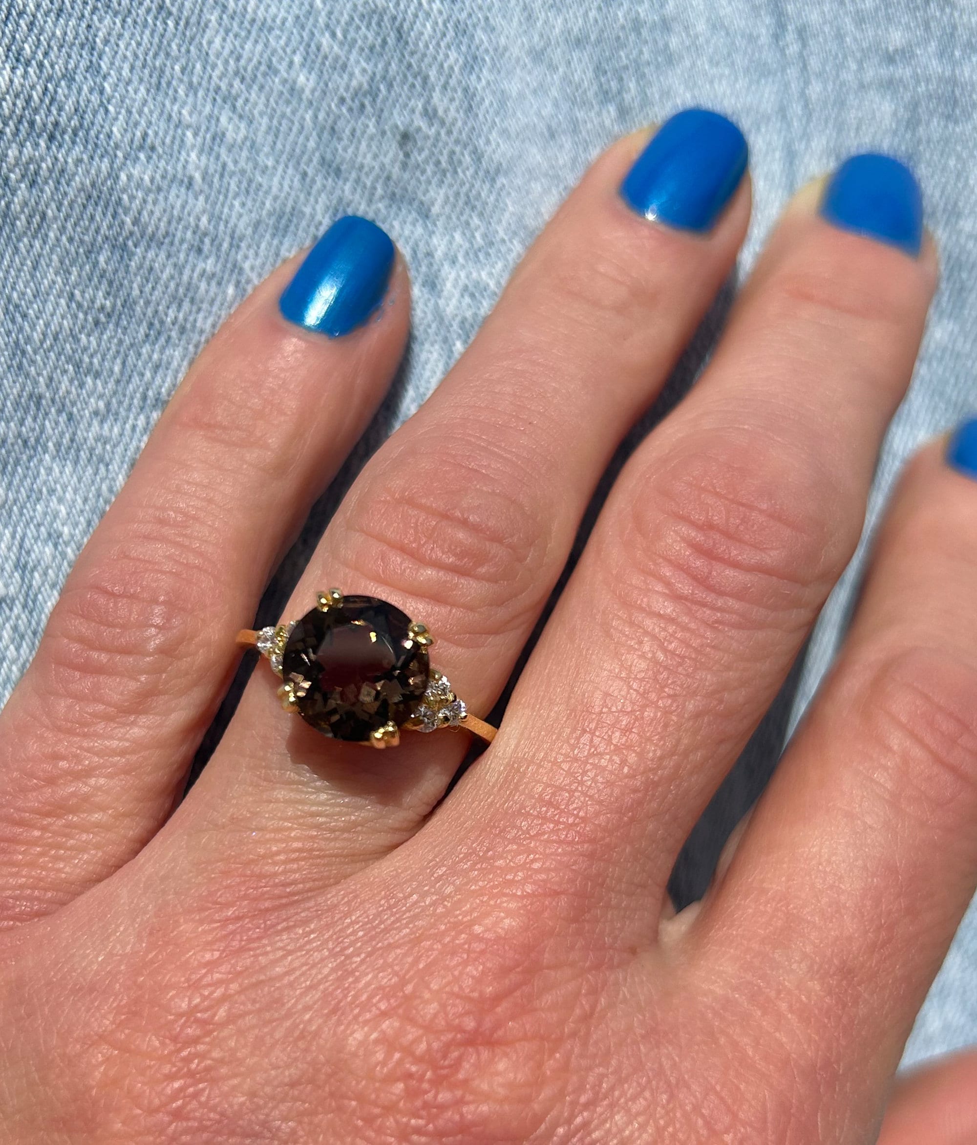 Round Smoky Quartz Engagement Ring with Clear Quartz Accents - H.L.Jewelry