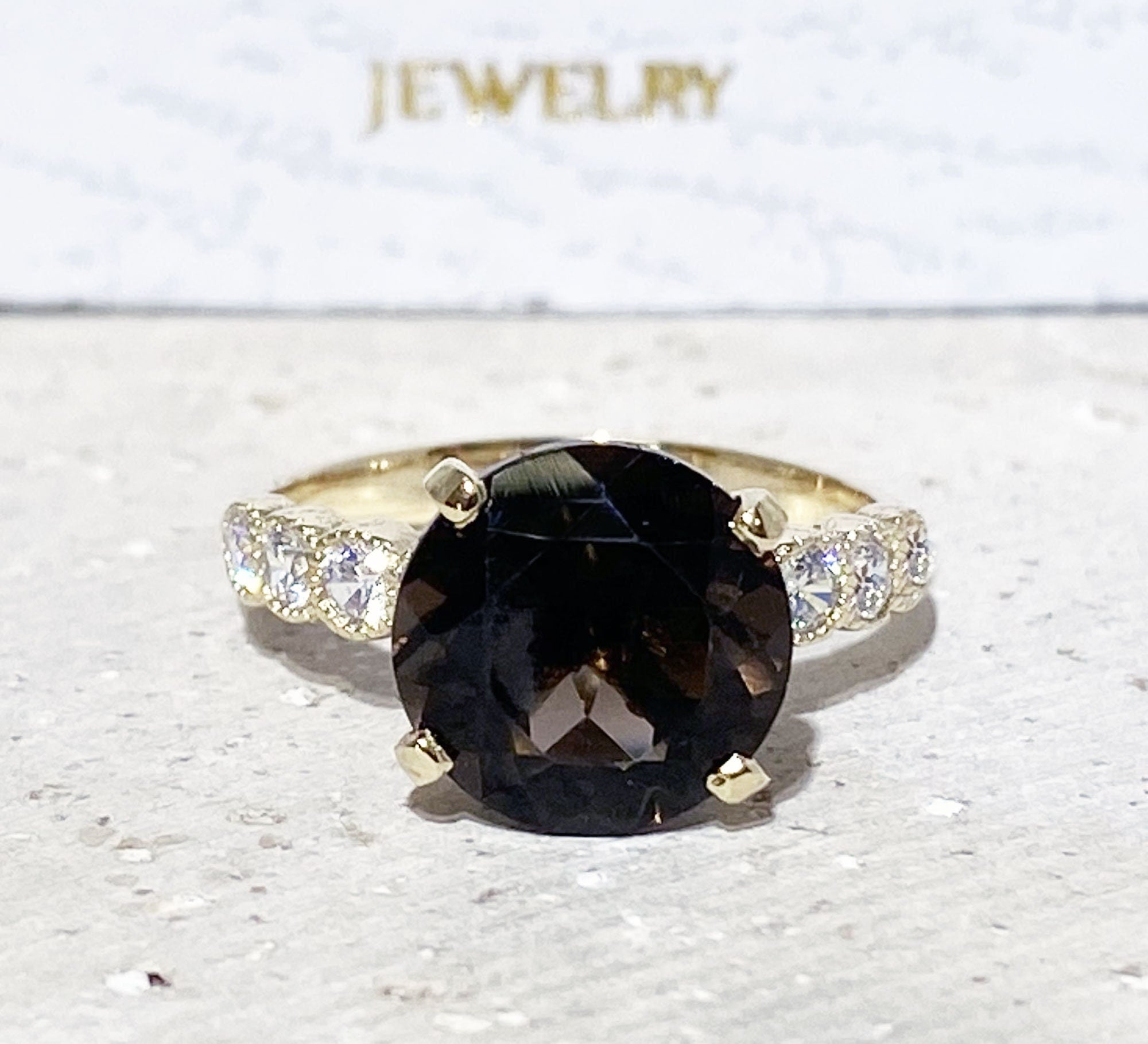 Round Smoky Quartz Engagement Ring with Clear Quartz Accents - H.L.Jewelry