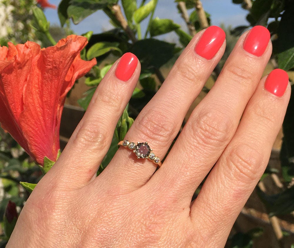 Round Smoky Quartz Simple Ring with Clear Quartz Accents - H.L.Jewelry