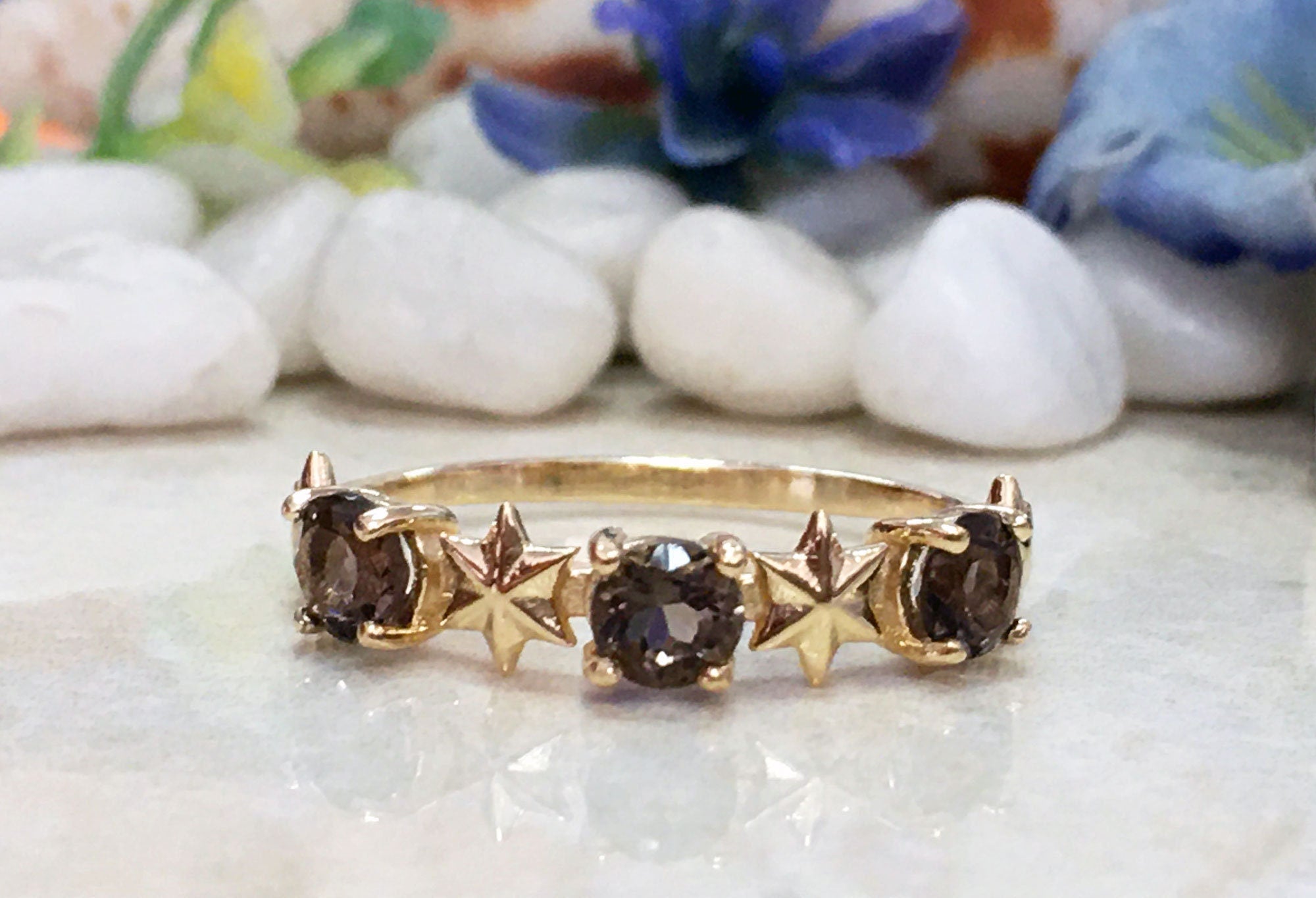Round Smoky Quartz Three-Stone Ring with Star Accents - H.L.Jewelry