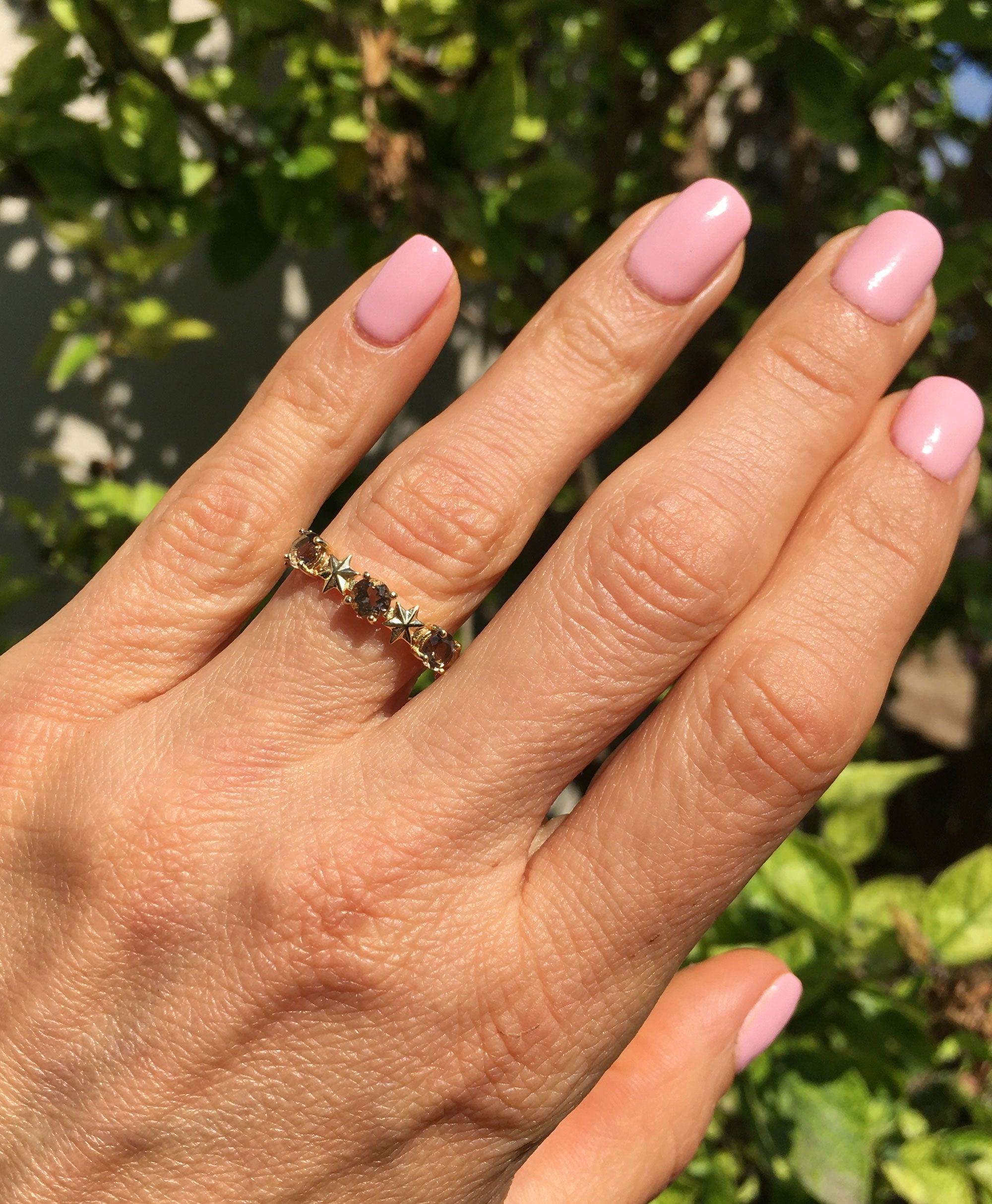 Round Smoky Quartz Three-Stone Ring with Star Accents - H.L.Jewelry